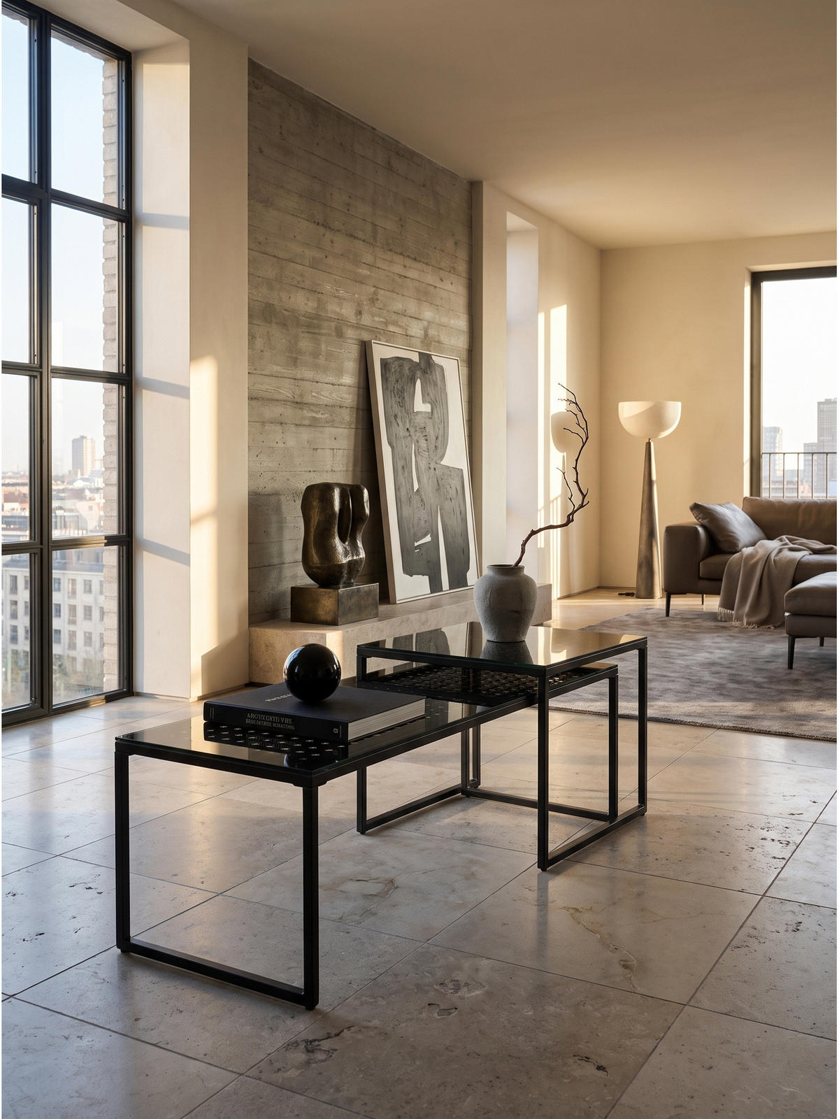 SOFATISCHE 2er-Set ALCUDIA, Einscheibensicherheitsglas, Schwarz, 100 x 40 x 35 cm - Schwarz, Glas/Metall (40/100/35cm) - KADIMA DESIGN