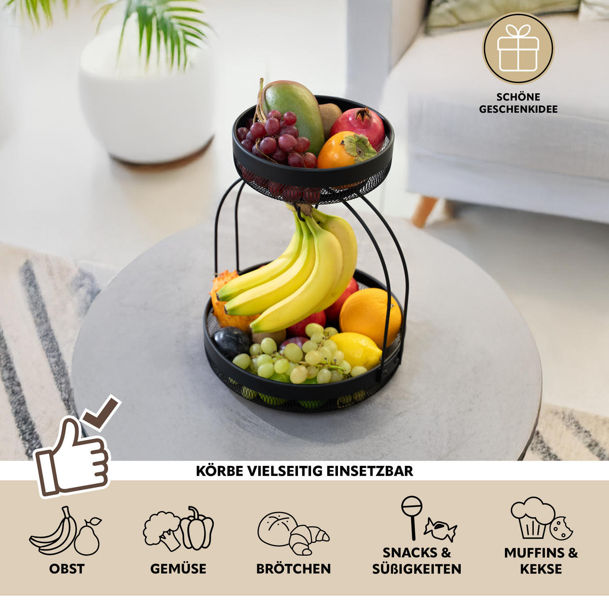 OBSTETAGERE mit Bananenhalter, schwarz, rund - Schwarz, Metall (38.5cm) - eluno