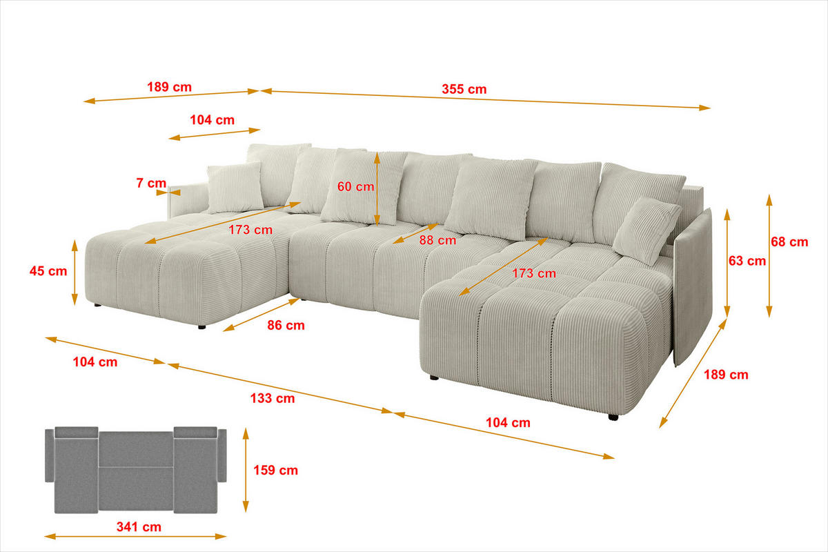 WOHNLANDSCHAFT LONLI-U 355x189x68 Creme Cord - Ecru/Creme, Holzwerkstoff/Kunststoff (355/68/189cm) - ALTDECOR