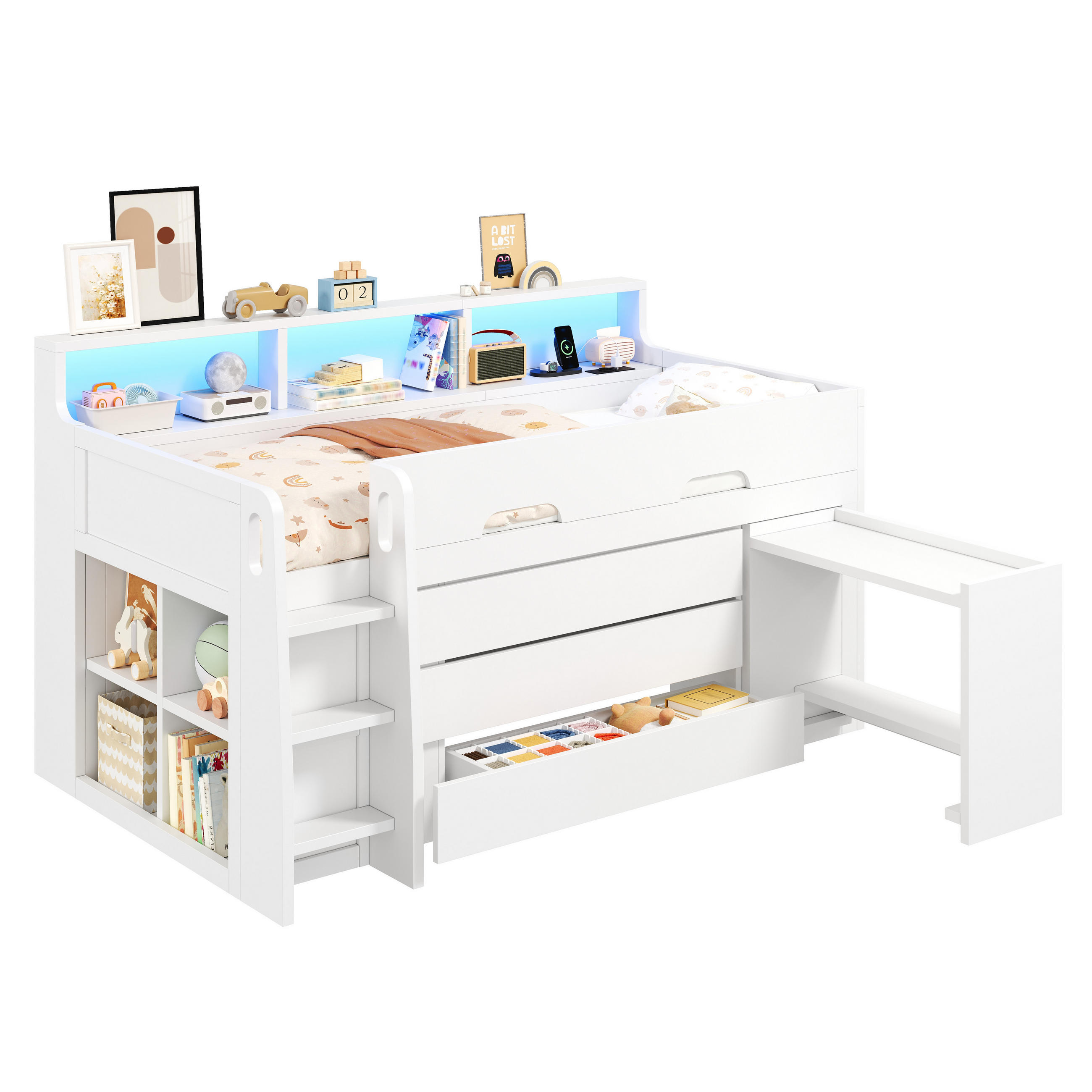 HOCHBETT 90/200 cm in Weiß Kinderbett mit 3 Schubladen, Regal, Schreibtisch, LED und USB - Weiß, Holzwerkstoff (90/200cm) - STILVORA