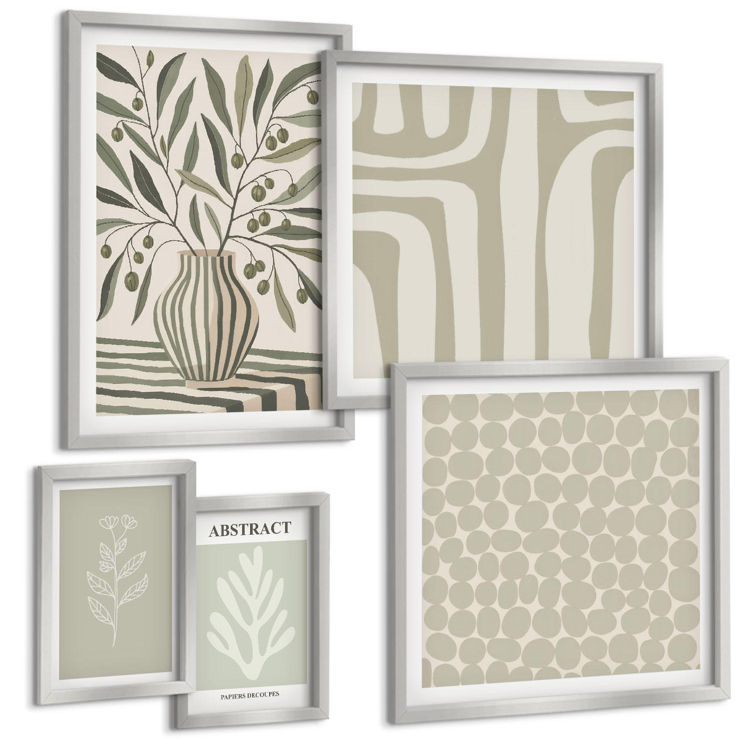 BILDER SET 5er Set - 50x50 cm & 20x30 cm & 40x60 cm Silberner Rahmen - Abstrakte Pflanzenmuster - Silberfarben, Kunststoff (40/60cm) - TULUP