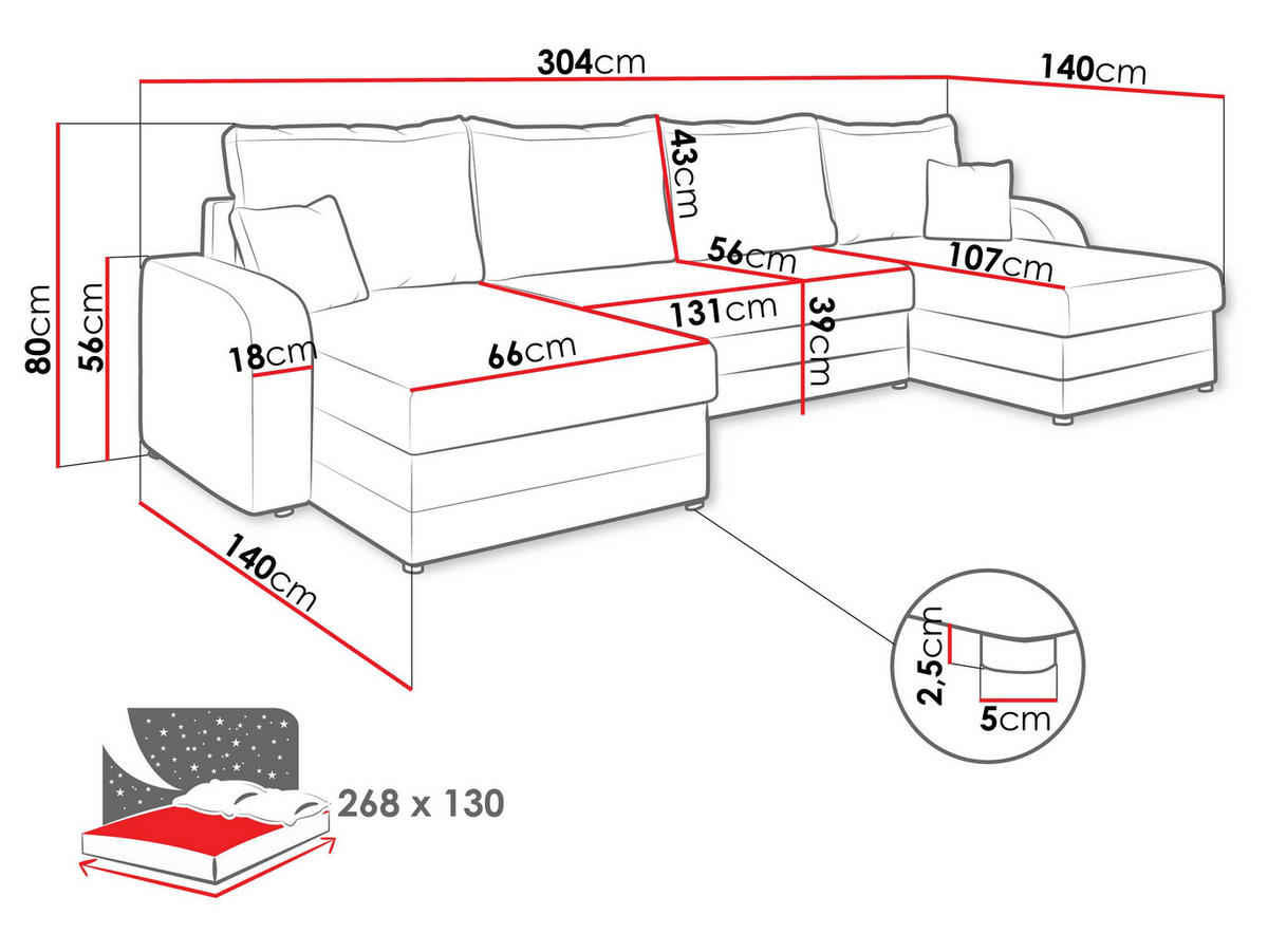 ECKSOFA Kris U Cord - Beige/Schwarz, Holz/Kunststoff (304/80/140cm) - MIRJAN24