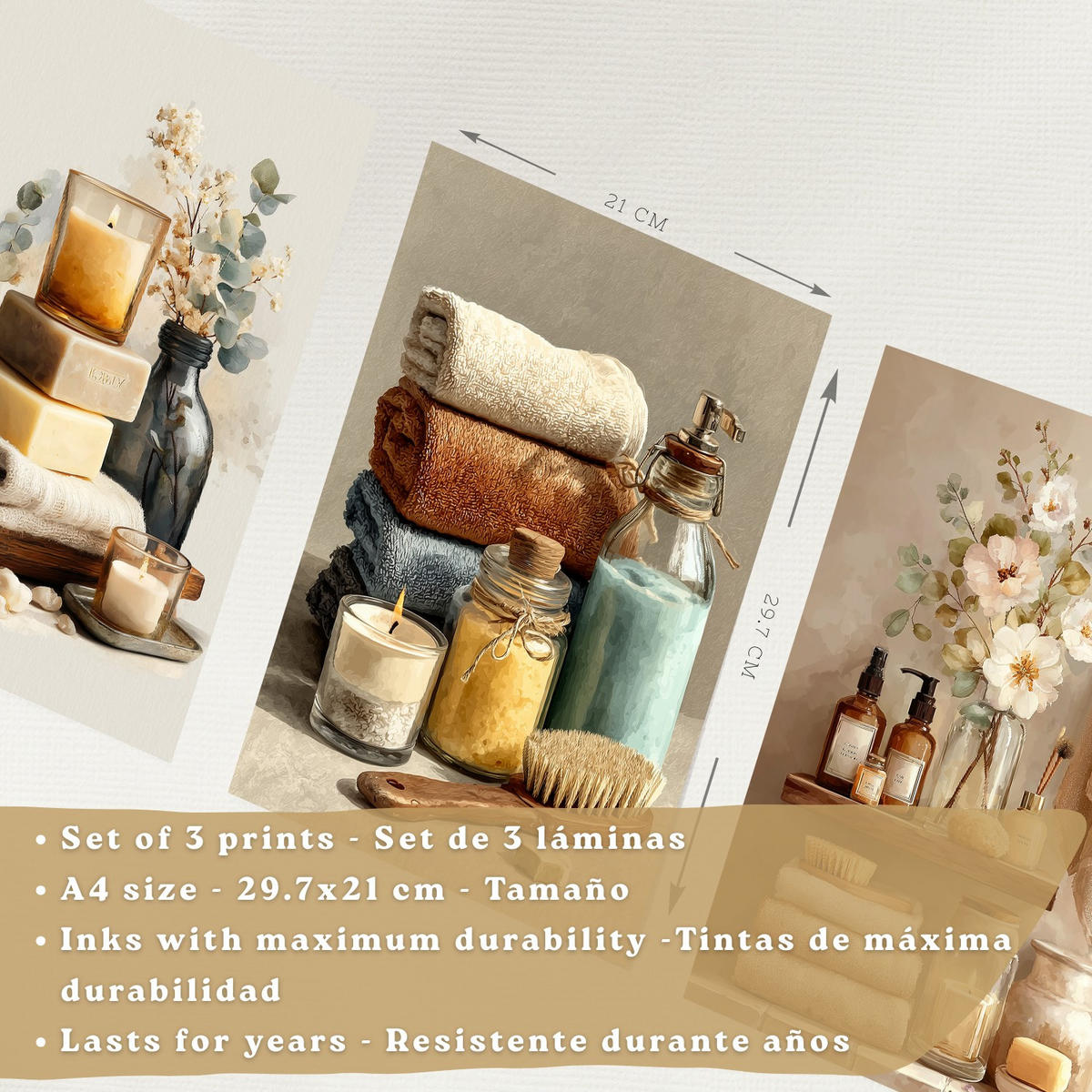 POSTER 3er-Set dekorative Badezimmerdrucke, gemütlicher Spa-Stil, Bilder mit Kerzen, Blumen und Handtüchern, entspannende, Schwarzer Rahmen A4 - Schwarz, Papier (29.7/21/3cm) - Nacnic