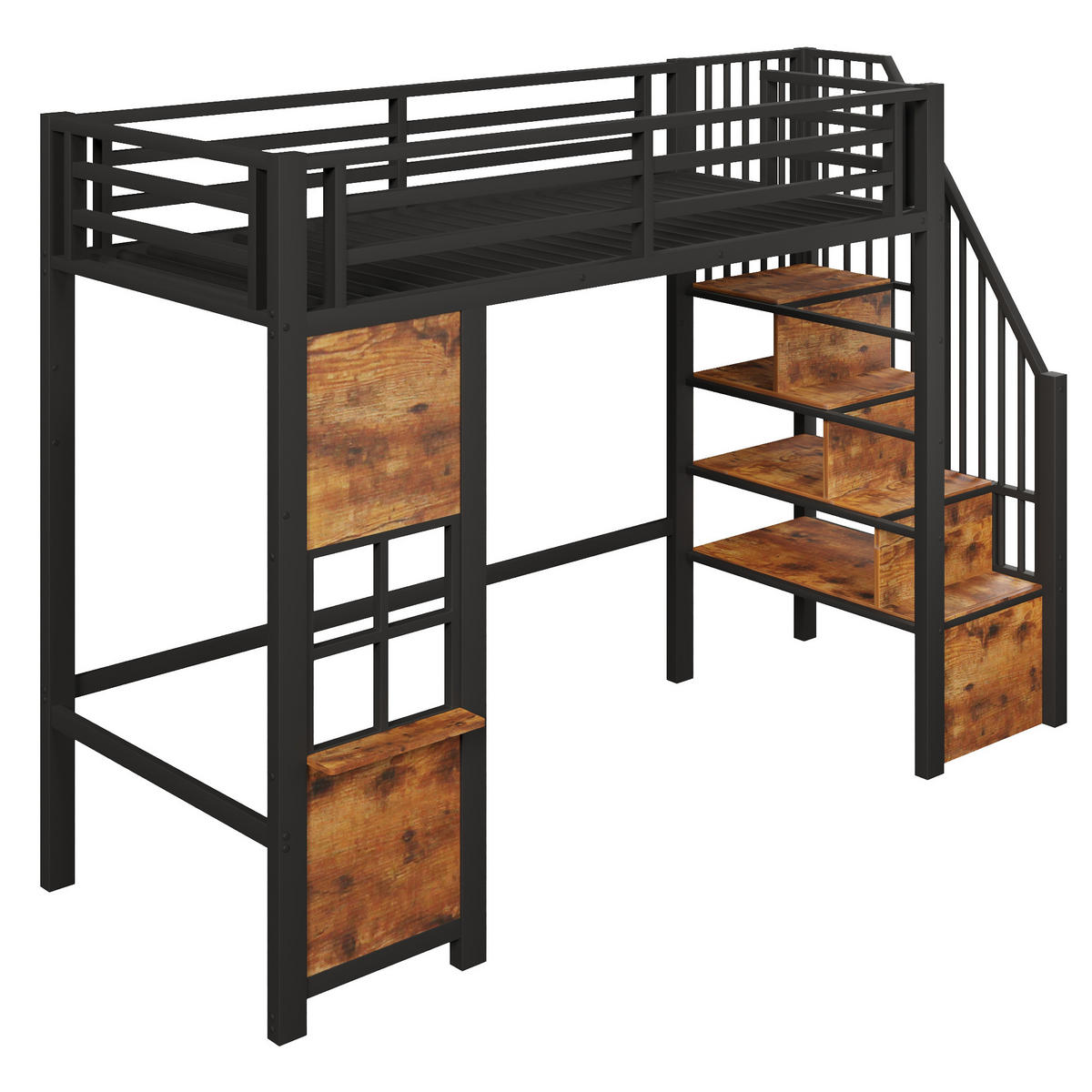 HOCHBETT 90/200 cm Schwarz mit Stauraumtreppe und offener Stauraum - Schwarz, Metall (90/200cm) - Oxeza