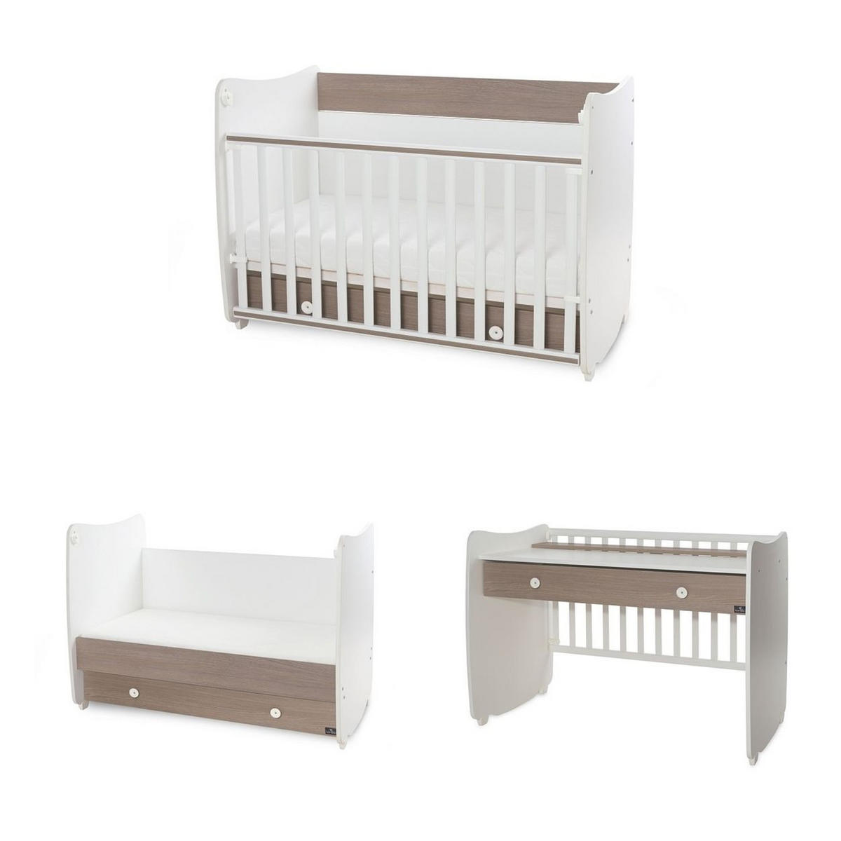 BABYBETT Dream NEW 120 braun weiß 120 x 60 cm, Schaukelbett, Schreibtisch, Hubgitter, 2 Höhenpositionen - Braun, Holzwerkstoff (60/120cm) - Lorelli
