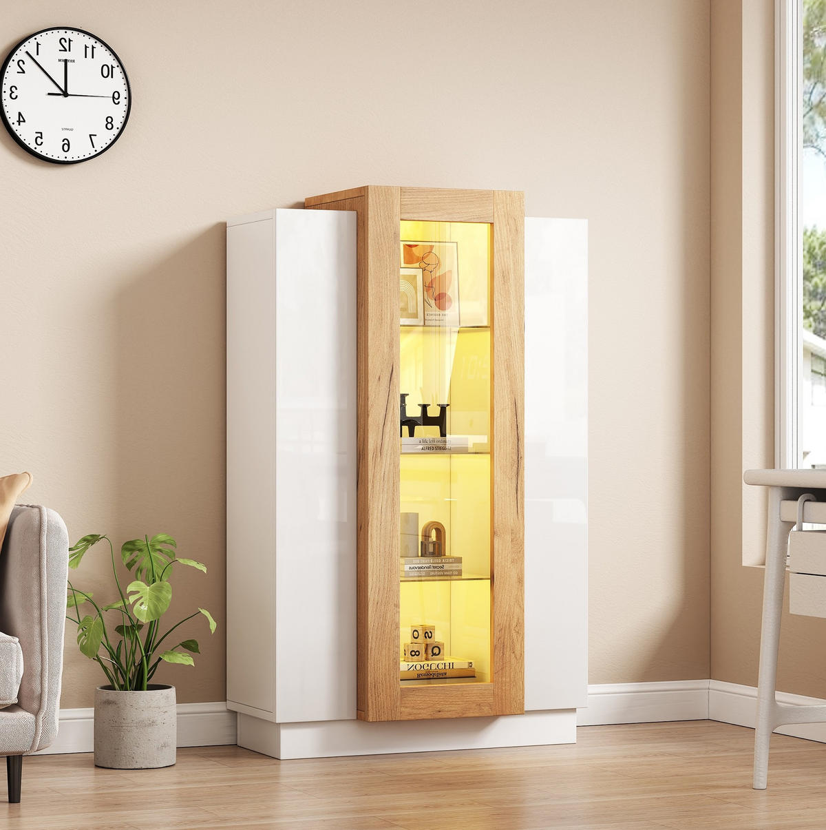 WOHNZIMMERVITRINE aus Spanplatte 74x40x120 cm Weiß/Natur mit LED-Beleuchtung, 3 Türen und Acrylfront - Weiß, Holzwerkstoff (74/120/40cm) - Modfu