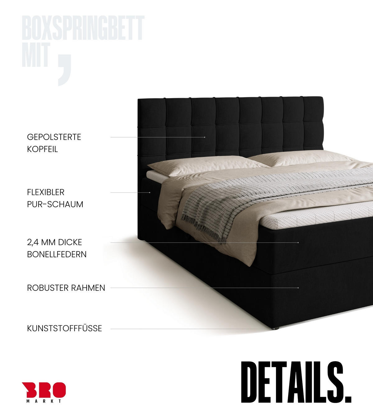 BOXBETT Detroit mit Topper 160/200 Schwarz - Schwarz, Holzwerkstoff/Textil (160/200cm) - Bromarkt