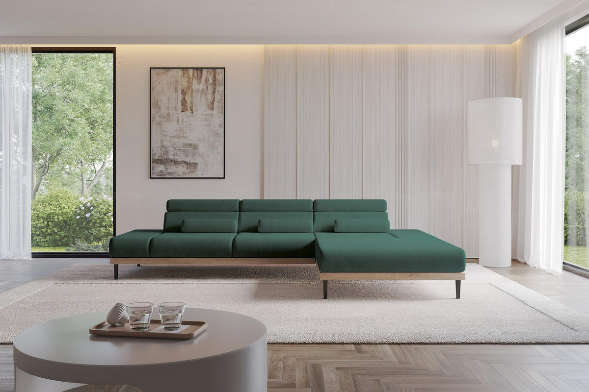 ELEKTRISCHES ECKSOFA Rechts MONA 316x205x85 Grün Velours - Dunkelgrün/Grün, Holzwerkstoff/Textil (316/205cm) - ALTDECOR