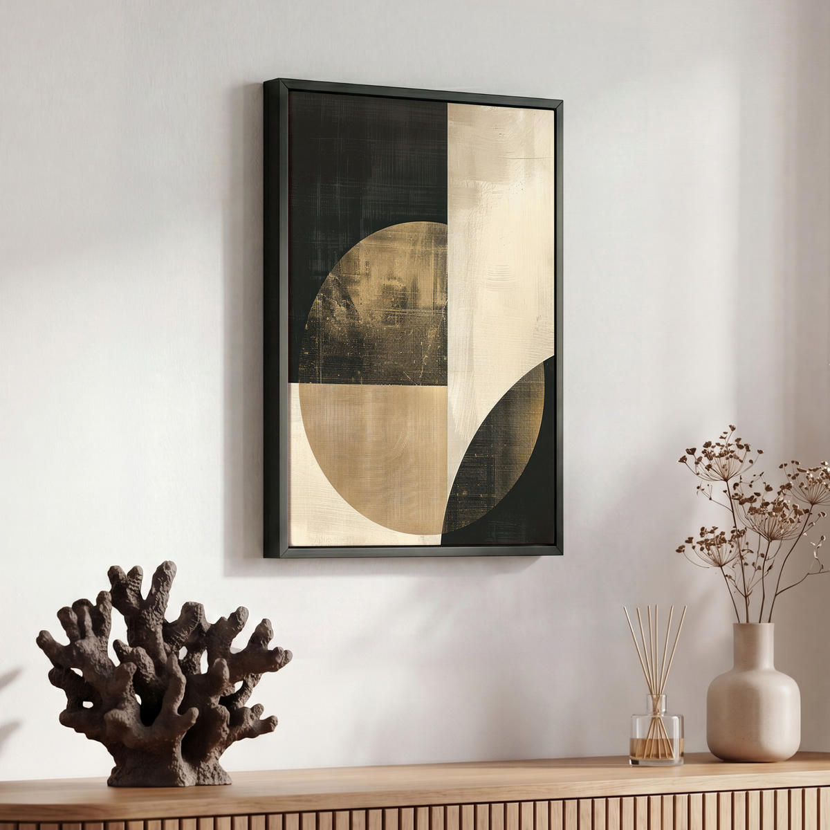 LEINWAND Bilder mit Rahmen - Abstrakt - Geometrische Formen - Schwarz - Gold - 30x40 - Ecru, Textil (30/40cm) - MuchoWow