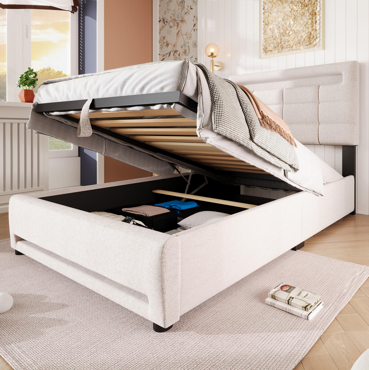 BETT mit Stauraum und LED 90x200 cm Leinen Beige - Beige, Metall (90/200cm) - Meubliv