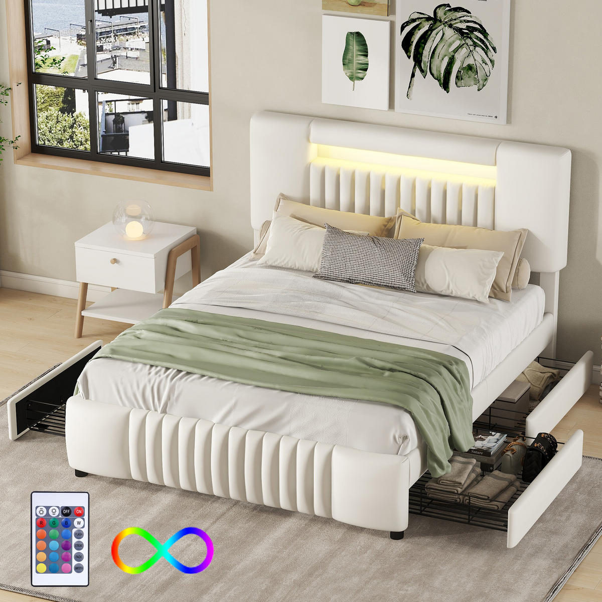 FOTOLIU în stil Chenille cu taburet și design ergonomic - bej, metal (140/200cm) - Urban Meuble