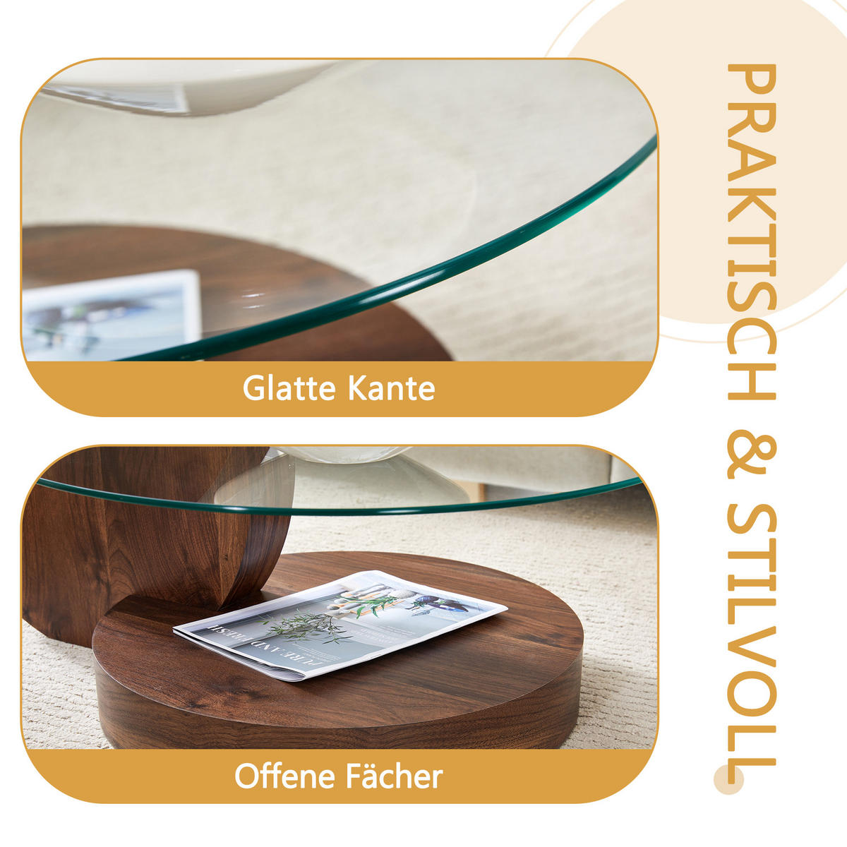 COUCHTISCH Ø 50/70 cm Transparent Nussbaum MDF Glas mit Ablagen - Walnussfarben, Holzwerkstoff (90/70/44cm) - OKWISH