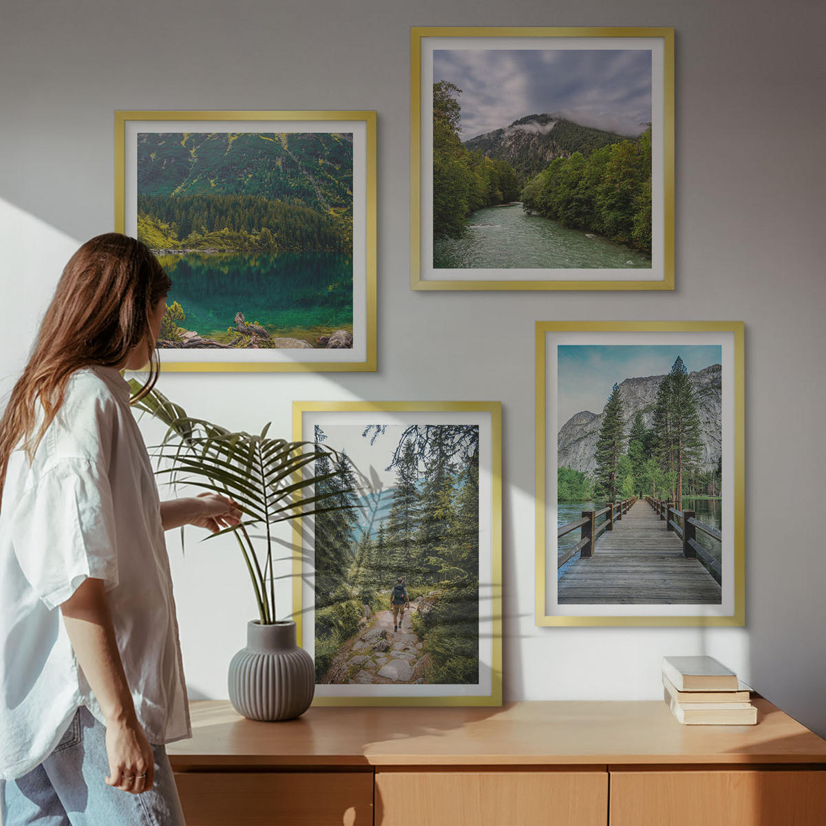 BILDER SET 4er Set - 50x50 cm & 40x60 cm Goldrahmen - Berge, Seen, Wälder, Wege - Goldfarben, Kunststoff (50/50cm) - TULUP