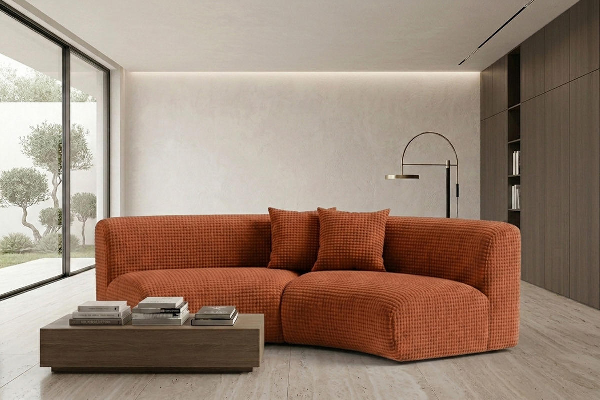 SOFA Round, Chenille-Stoff Cremona, Kupfer, GRETA - Kupferfarben, Holz (294/70/89cm) - Kaiser Möbel