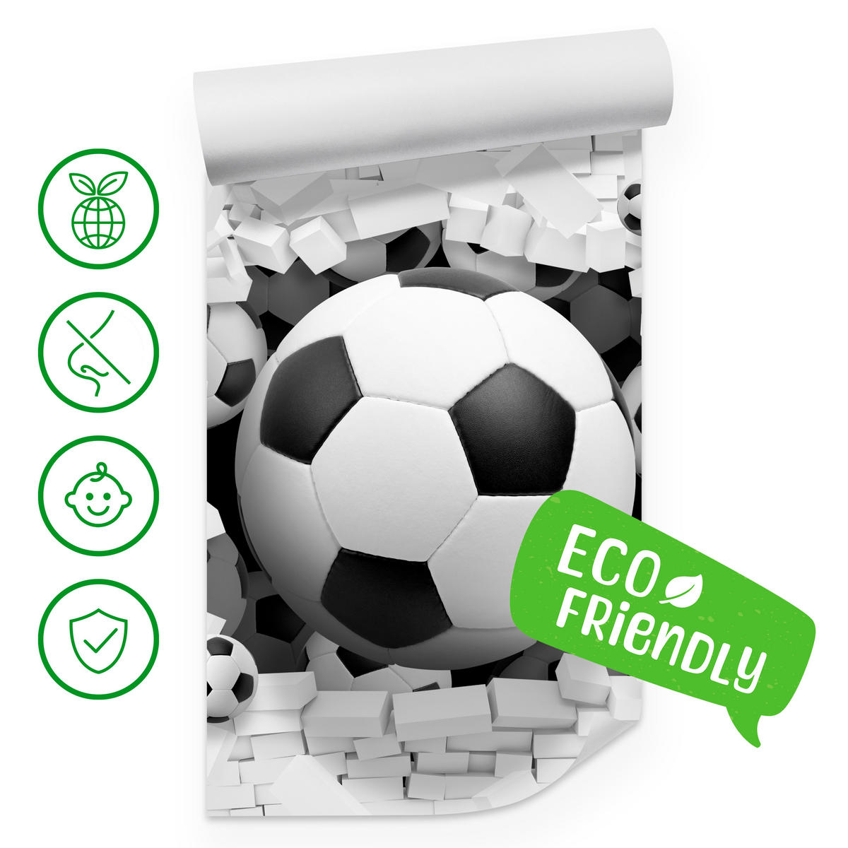 FOTOTAPETA Pre Študentskú Izbu Futbalové Lopty Biela Tehlová Stena Šport 200 x 140 cm - čierna/sivá, papier (200/140cm) - Muralo