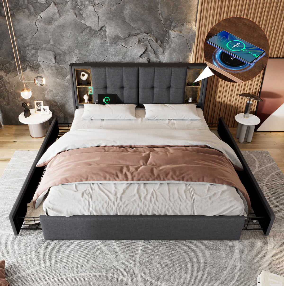BETT mit kabellosem Laden & 4 Schubladen 160x200 cm Leinen Grau mit Matratze - Grau, Metall (160/200cm) - Meubliv