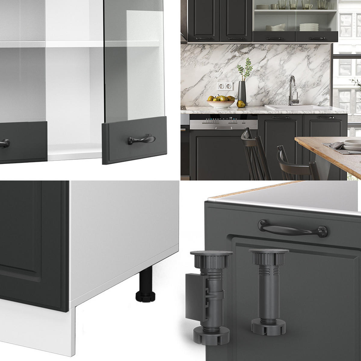 KÜCHENZEILE R-Line Anthrazit Landhaus/Weiß 300 cm ohne AP - Anthrazit/Weiß, Holzwerkstoff (300/81.6/46cm) - Vicco