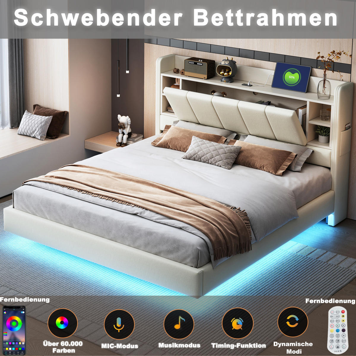 ČALÚNENÁ posteľ 160/200 cm s LED osvetlením, USB portom a úložným čelom, z ľanovej látky, Béžová - béžová, textil (160/200cm) - Redom
