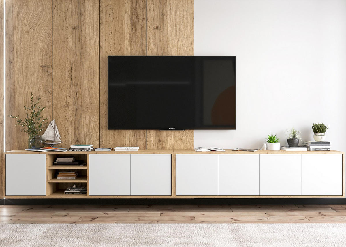 TV-LOWBOARD 2-er Set Apollo Eiche wotan Weiß Matt 150 cm - Weiß, Holzwerkstoff (300/39/35cm) - Meble Lindner