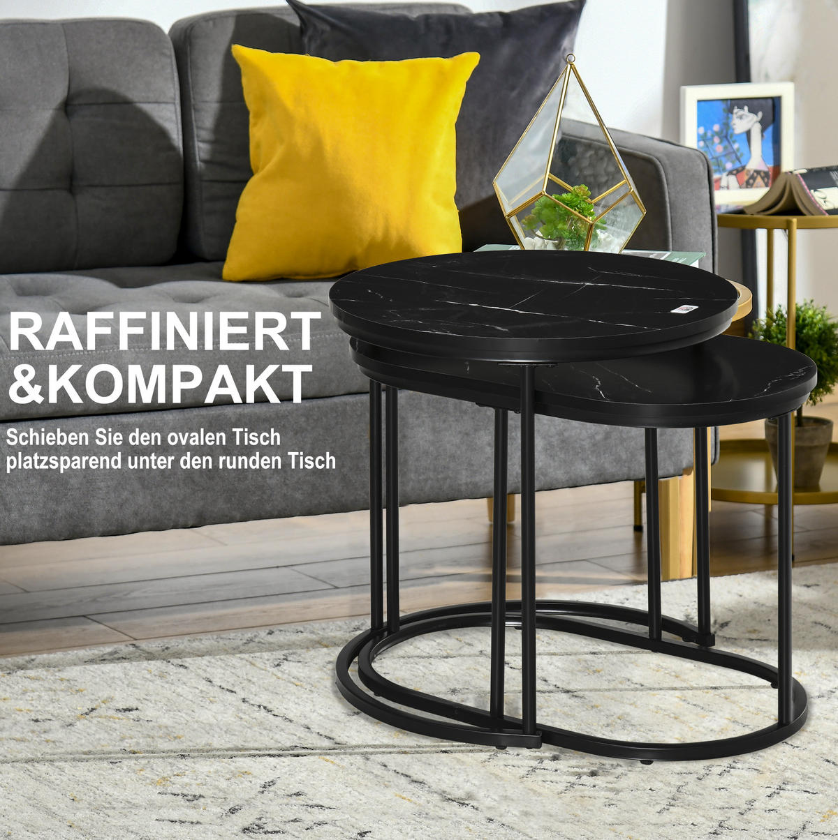 COUCHTISCH Ø50/50.5 cm und 60/36/43.5 cm schwarz aus Stahl und MDF stapelbar - Schwarz, Metall (50/50/50.5cm) - OKMYHOME