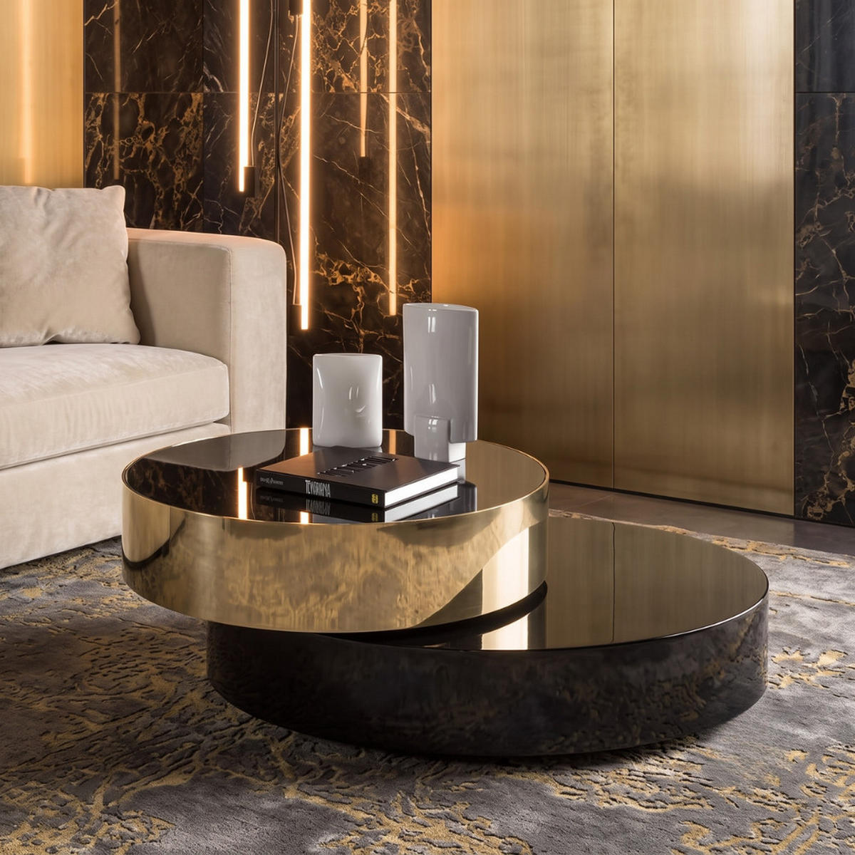 DESIGN-COUCHTISCH ORBIT ROTATE Runder Wohnzimmertisch mit 360°-Drehfunktion - Schwarz Hochglanz/Goldfarben, Glas (100/100/64cm) - alesvelt