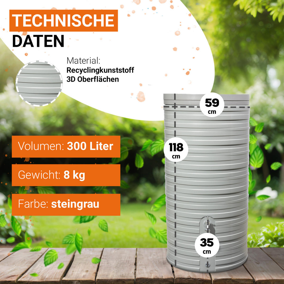 REGENTONNE 300 L, steingrau inkl. Deckel - Grau, Kunststoff (59/118/59cm) - GARANTIA