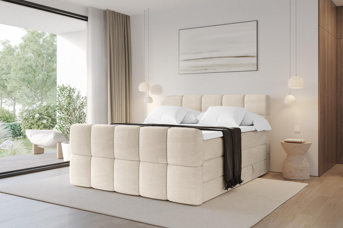 BOXBETT mit Matratze H3/H4 - FAMA-Z KING - 160x200 cm Beige Poso - Ecru, Holzwerkstoff (160/200cm) - ALTDECOR
