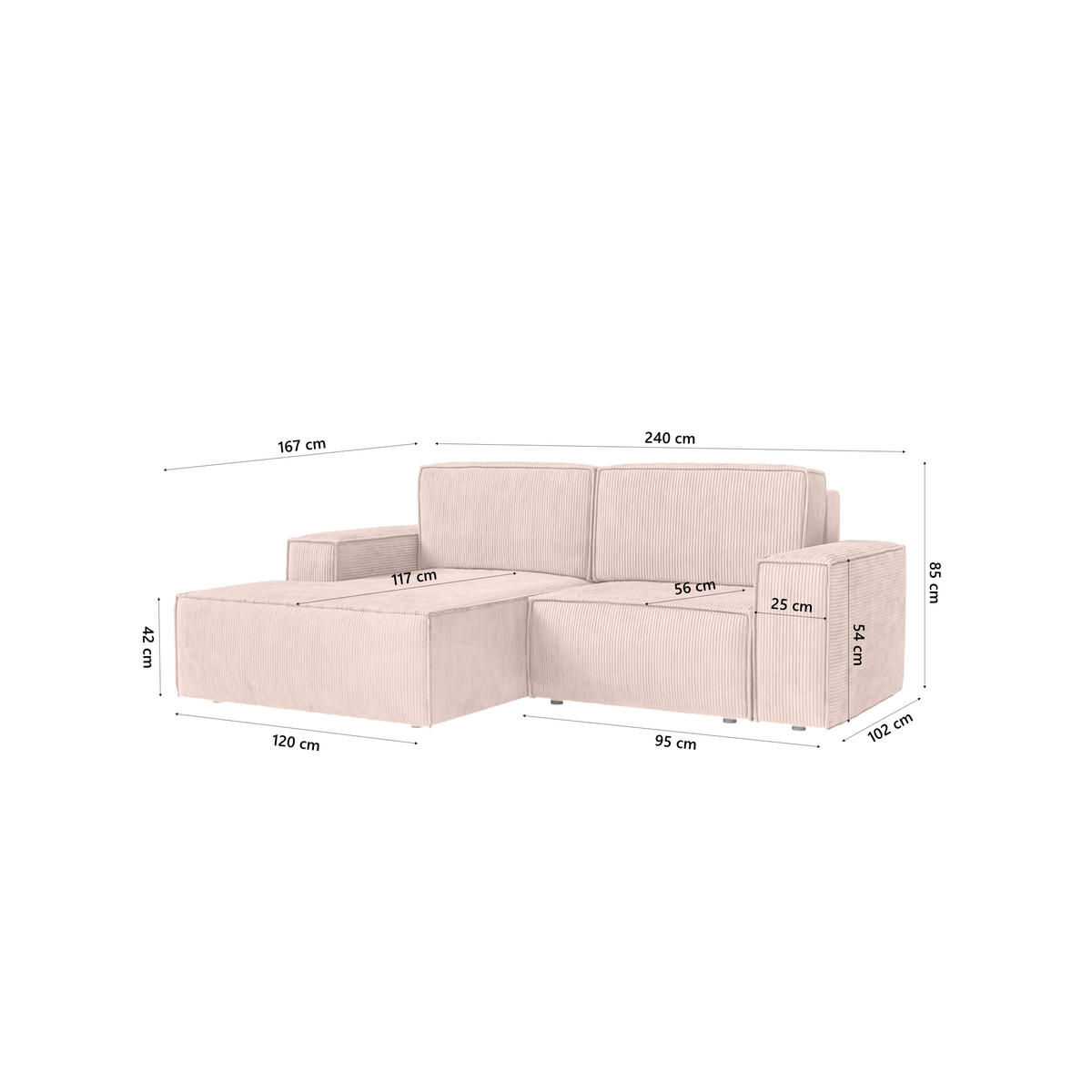ECKSOFA KOKKO MINI mit Schlaffunktion, Rose - Pink, Textil (240/167cm) - Fedve