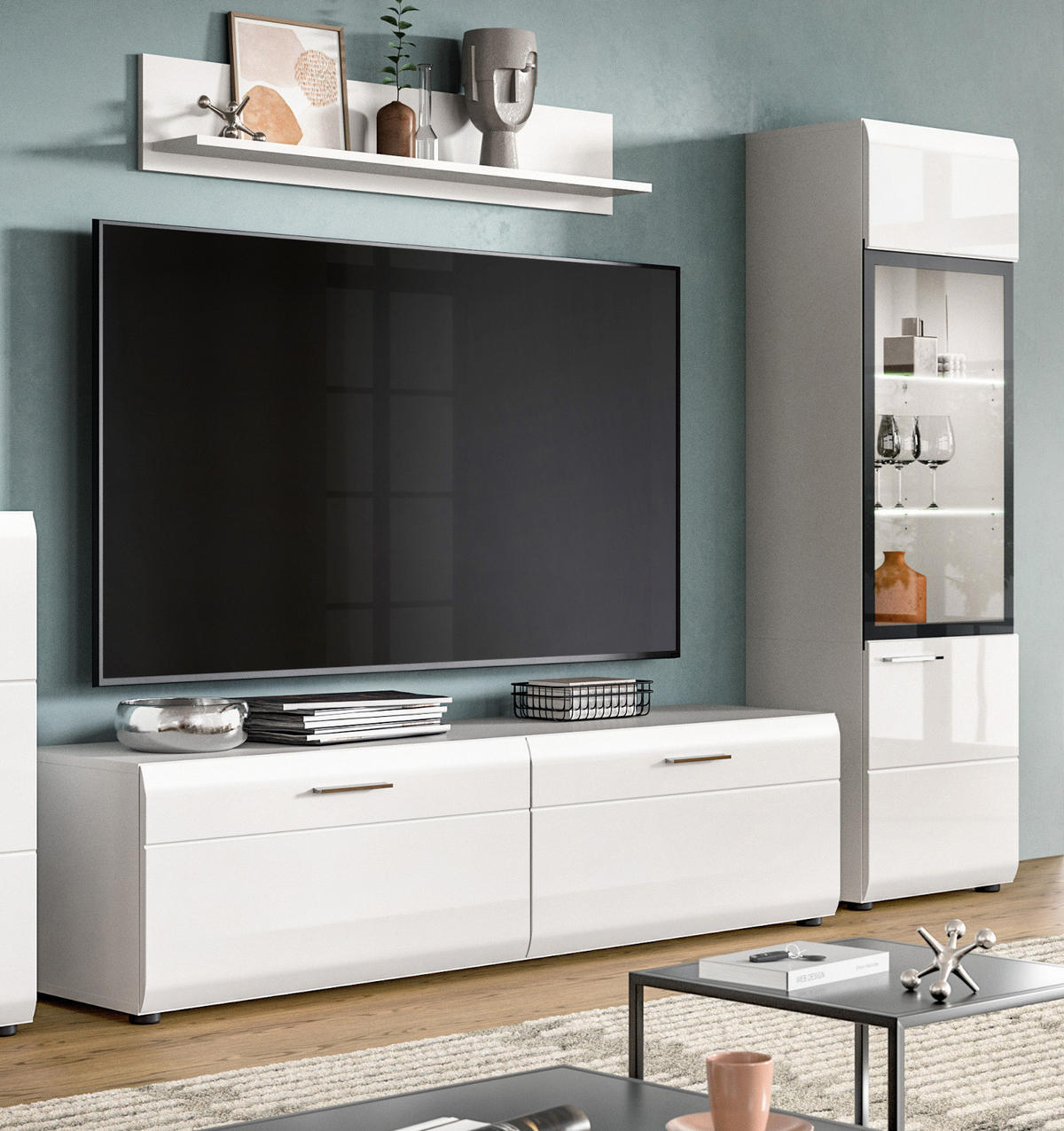 WOHNWAND weiß Hochglanz 3-teilig 220 cm, Schrankwand mit viel Stauraum - Weiß Hochglanz/Silberfarben, Glas/Holzwerkstoff (220/160/41cm) - Inn.Furn