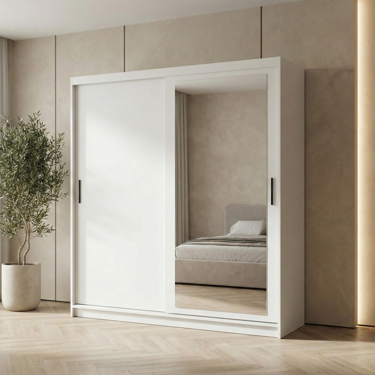 SCHWEBETÜRENSCHRANK Hela 180/205/60 2-türig weiß mit Spiegel - Weiß, Holzwerkstoff (180/205/60cm) - Beautysofa