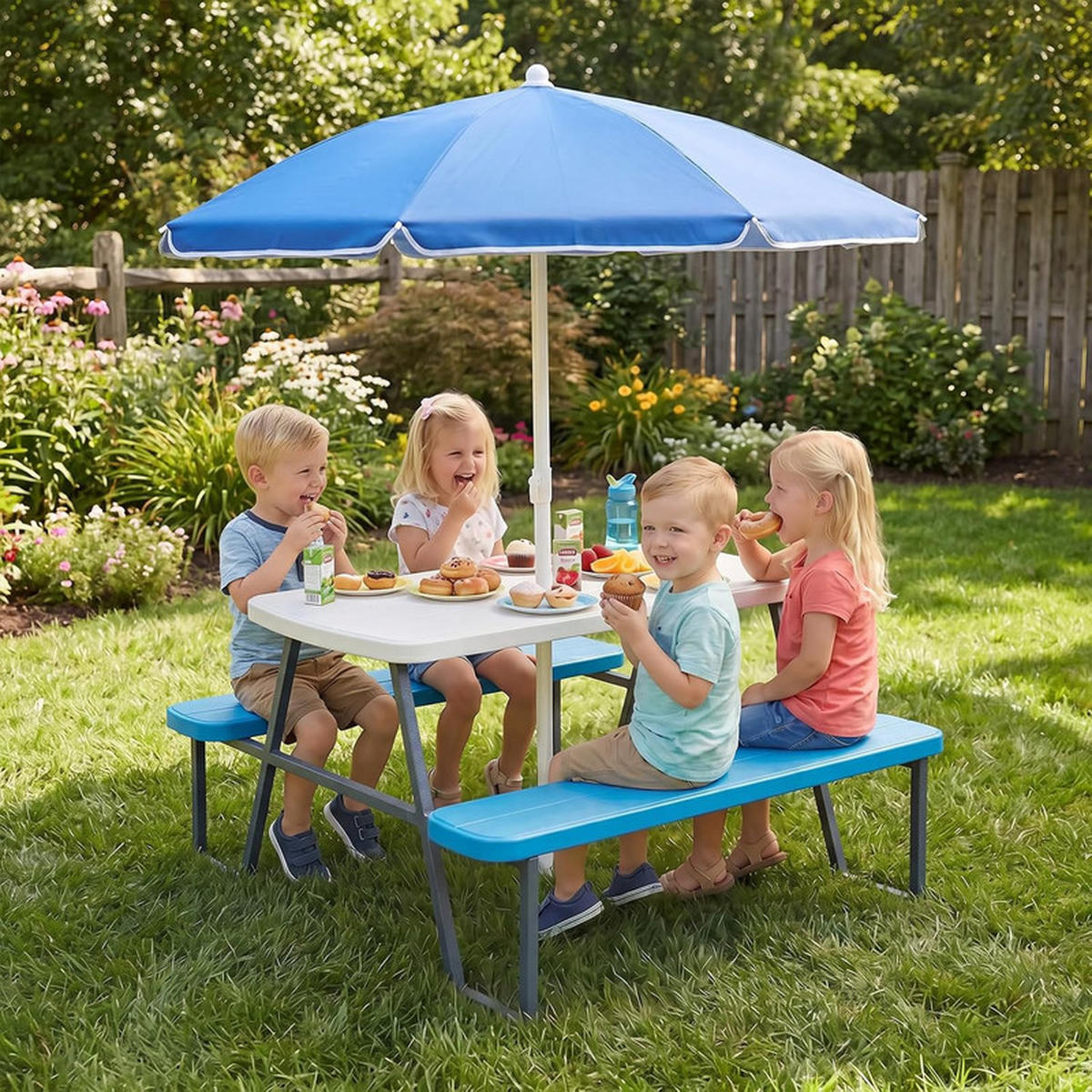 KINDERSITZGARNITUR mit Sonnenschirm blau - Blau, Kunststoff - COSTWAY