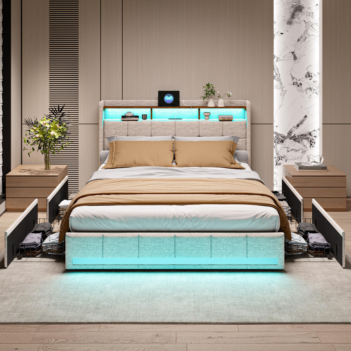 POLSTERBETT 160x200 cm, Beige, mit USB, LED-Beleuchtung - Beige, Textil/Metall (160/200cm)