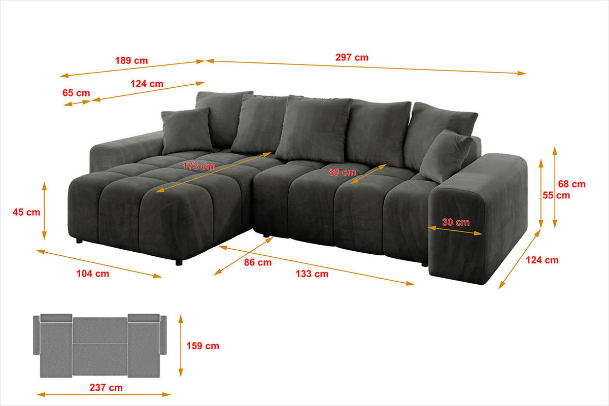 ECKSOFA Ottomane links/rechts ENIL-L 297x189x68 Dunkelgrau Velours - Dunkelgrau, Holzwerkstoff/Kunststoff (297/189cm) - ALTDECOR