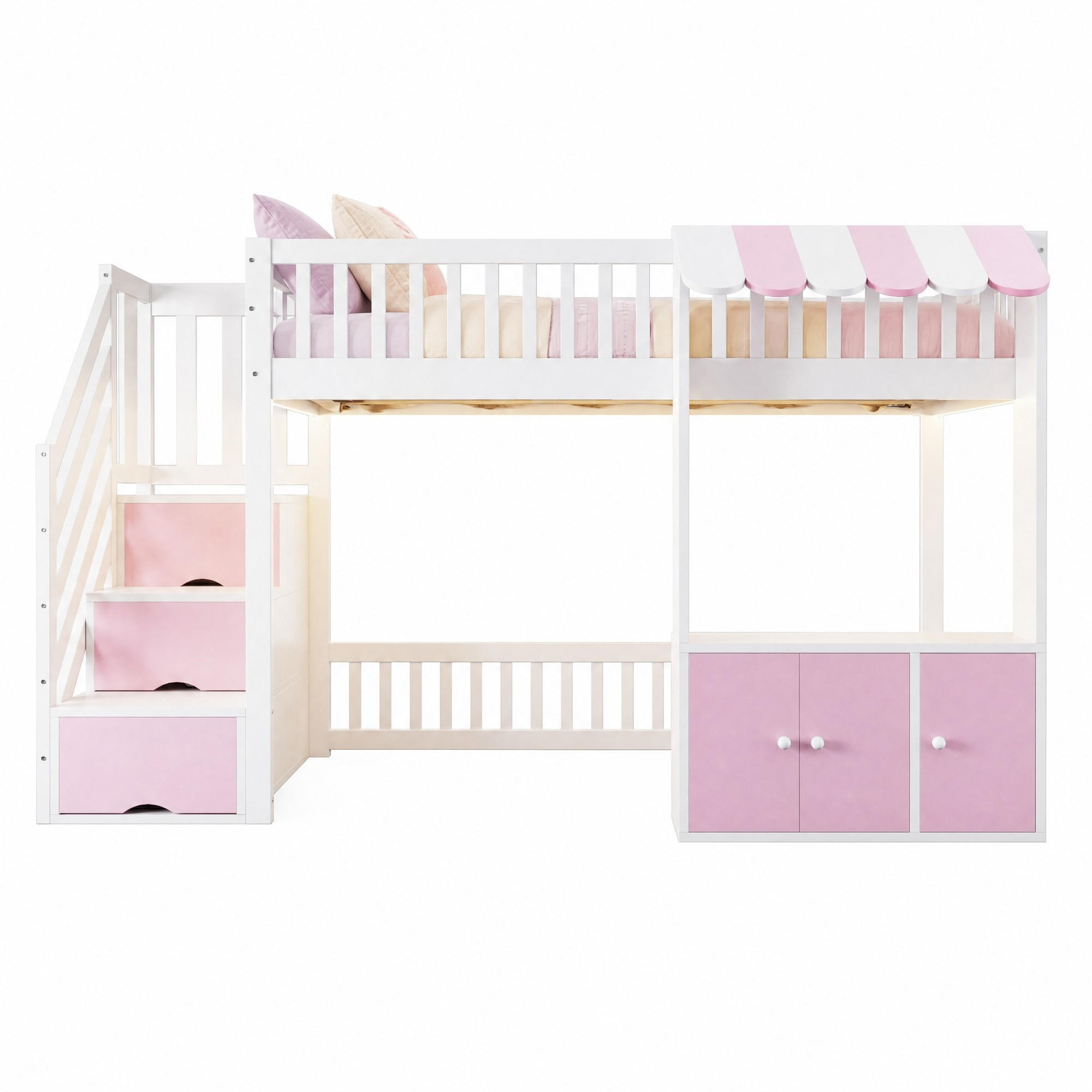 HOCHBETT 90/200 mit LED Stauraumtreppe und Stauraumschrank in Rosa - Weiß/Rosa, Holz/Holzwerkstoff (90/200cm) - EVRYAE