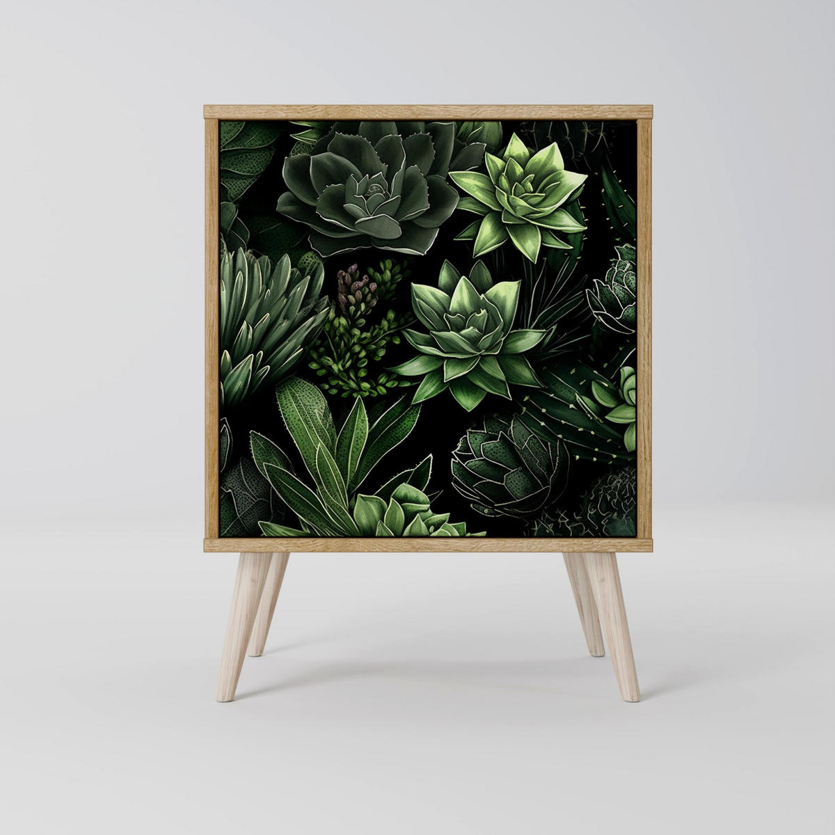 SIDEBOARD SUCCULENT JUNGLE, Grau, 57,5x42x72,5 cm, Schwarze Metallfüße - Multicolor/Schwarz, Holzwerkstoff/Metall (57.5/72.5/42cm) - SpaceRebels