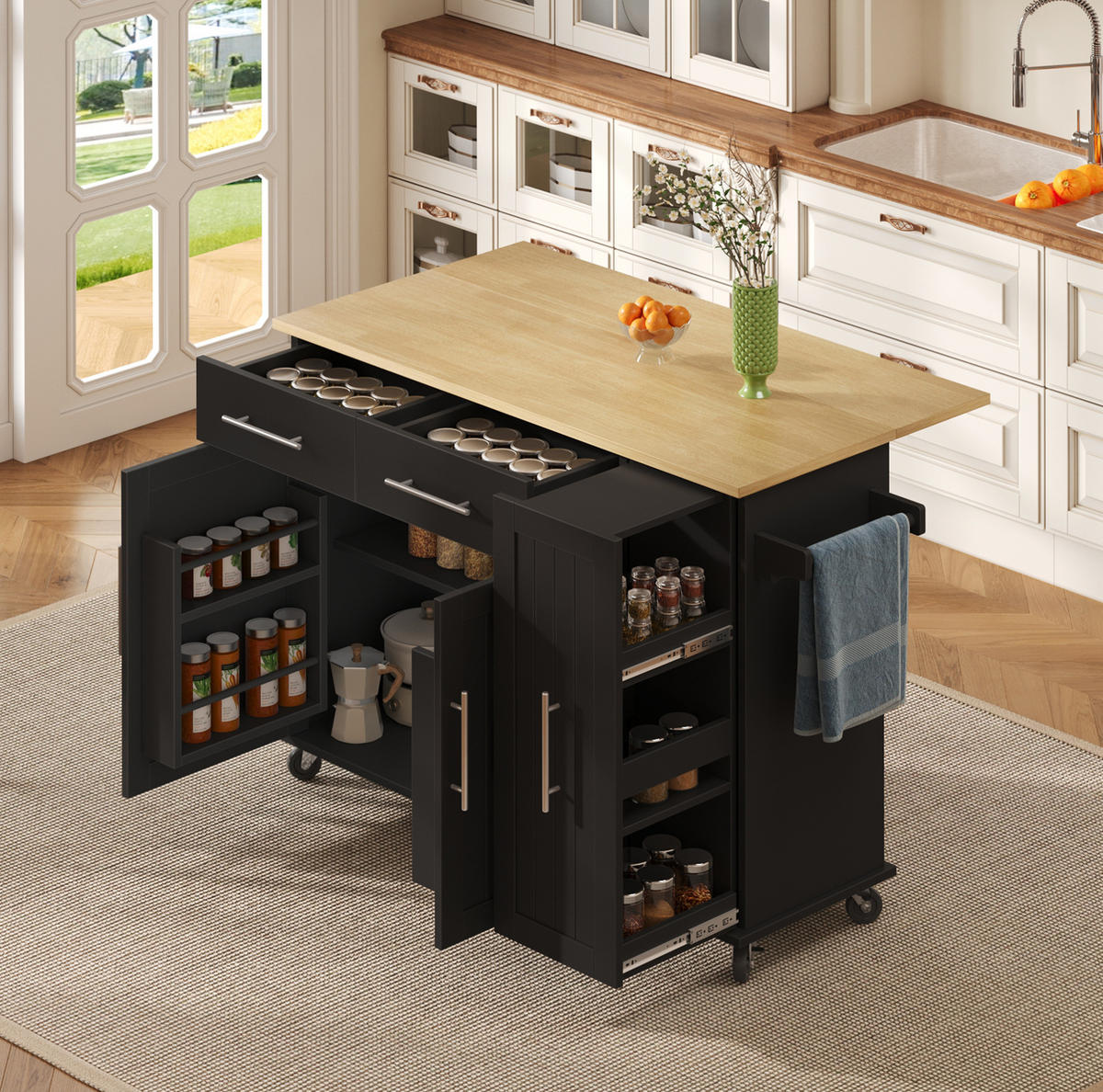 KUCHYŇSKÝ ostrůvek 120/40(65)/90 cm černá/přírodní z MDF se sklápěcí deskou a kolečky - černá, kompozitní dřevo (120/90/65cm) - OKWISH