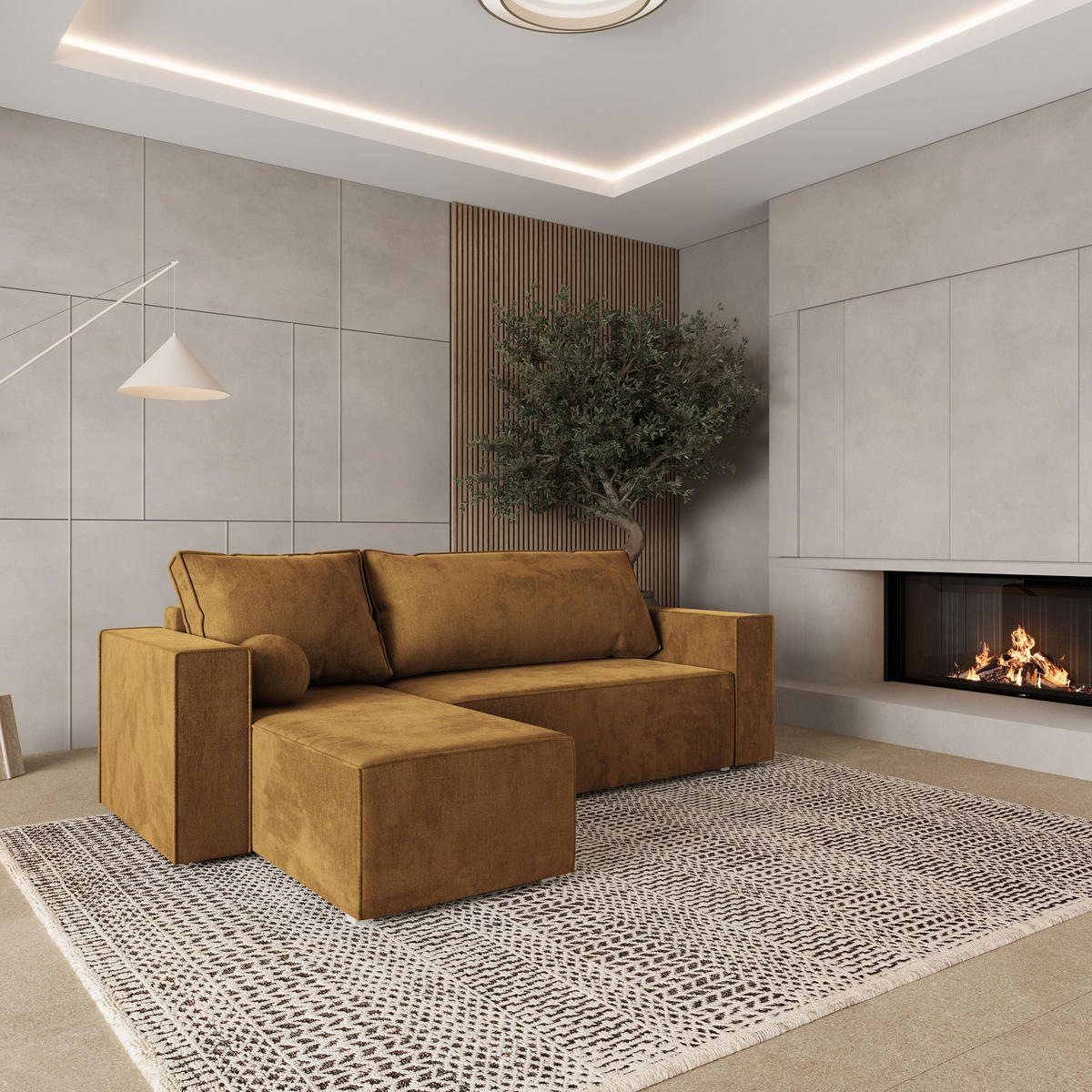 ROHOVÁ SEDAČKA RAVELO žlutá - šedá/žlutá, dřevo/textil (240/140cm) - MASSENO