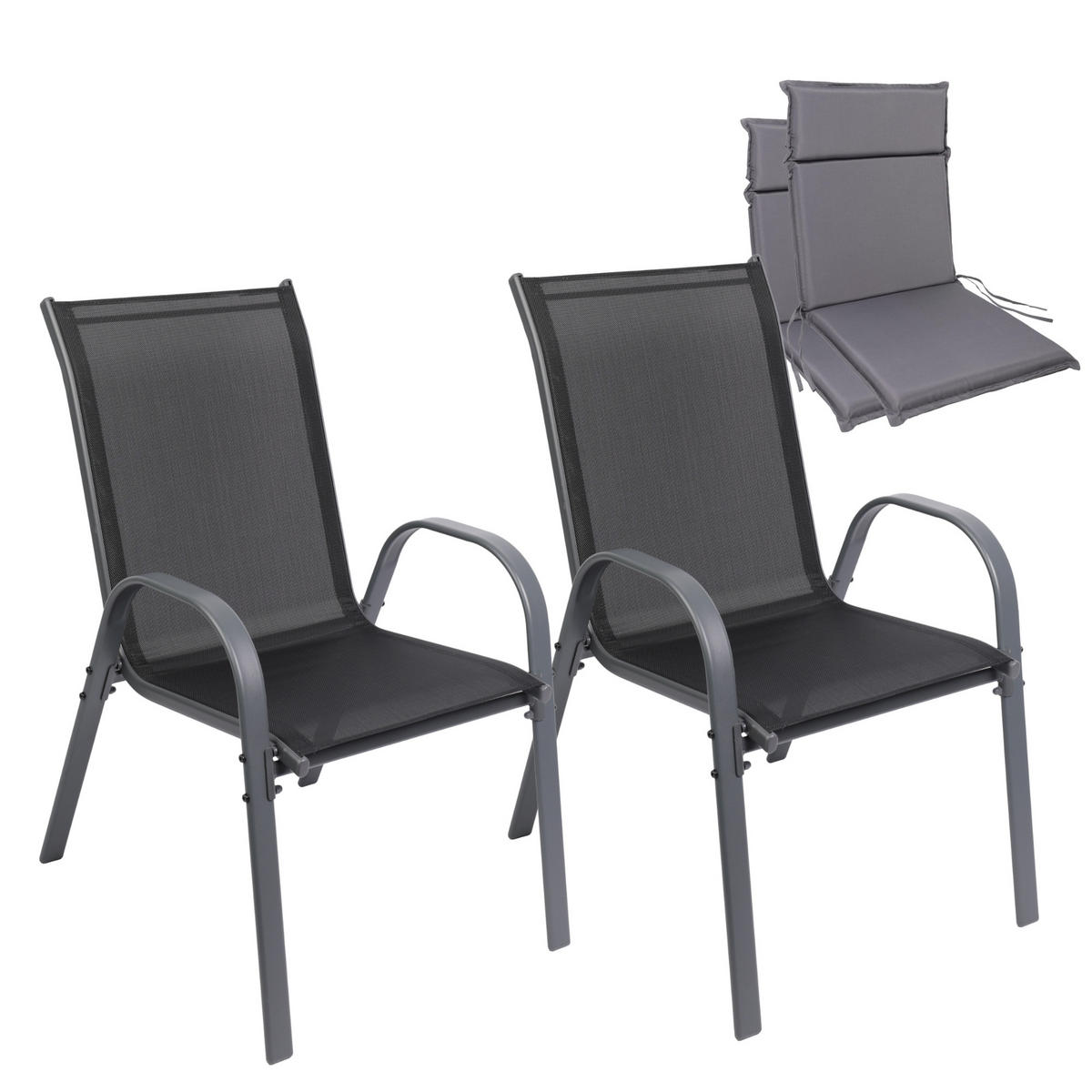 GARTENSTUHL KUBA stapelbar, 2er Set mit Sitzkissen - Anthrazit, Metall (54/84/64cm) - Albatros