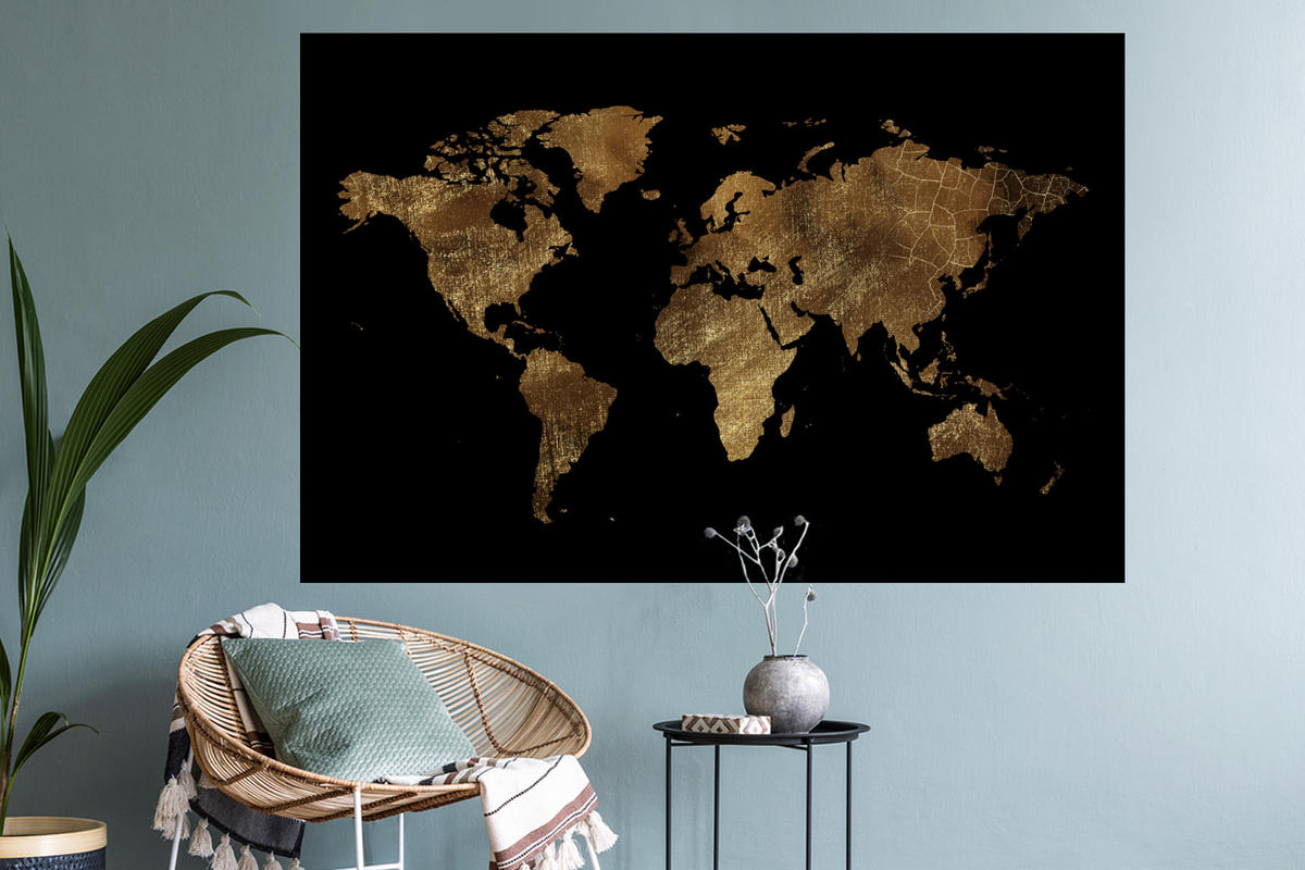 WANDTATTOO Weltkarte - Gold - Luxus - Erde - Schwarz 120x80 cm - Goldfarben, Kunststoff (120/80/0.1cm) - MuchoWow