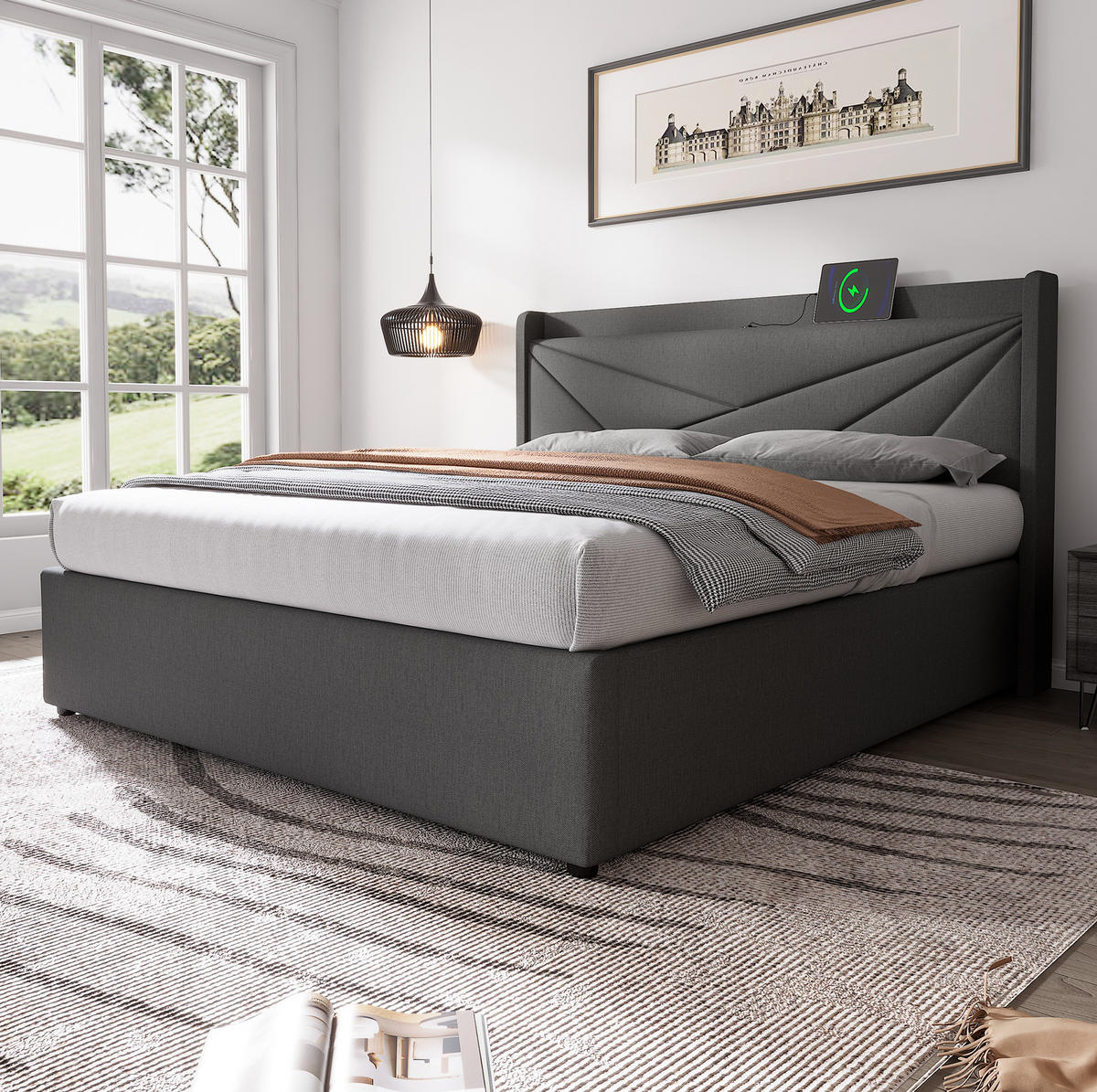 BETT mit Bettkasten und USB/Typ-C 180x200 cm Grau - Grau, Metall (180/200cm) - Meubliv