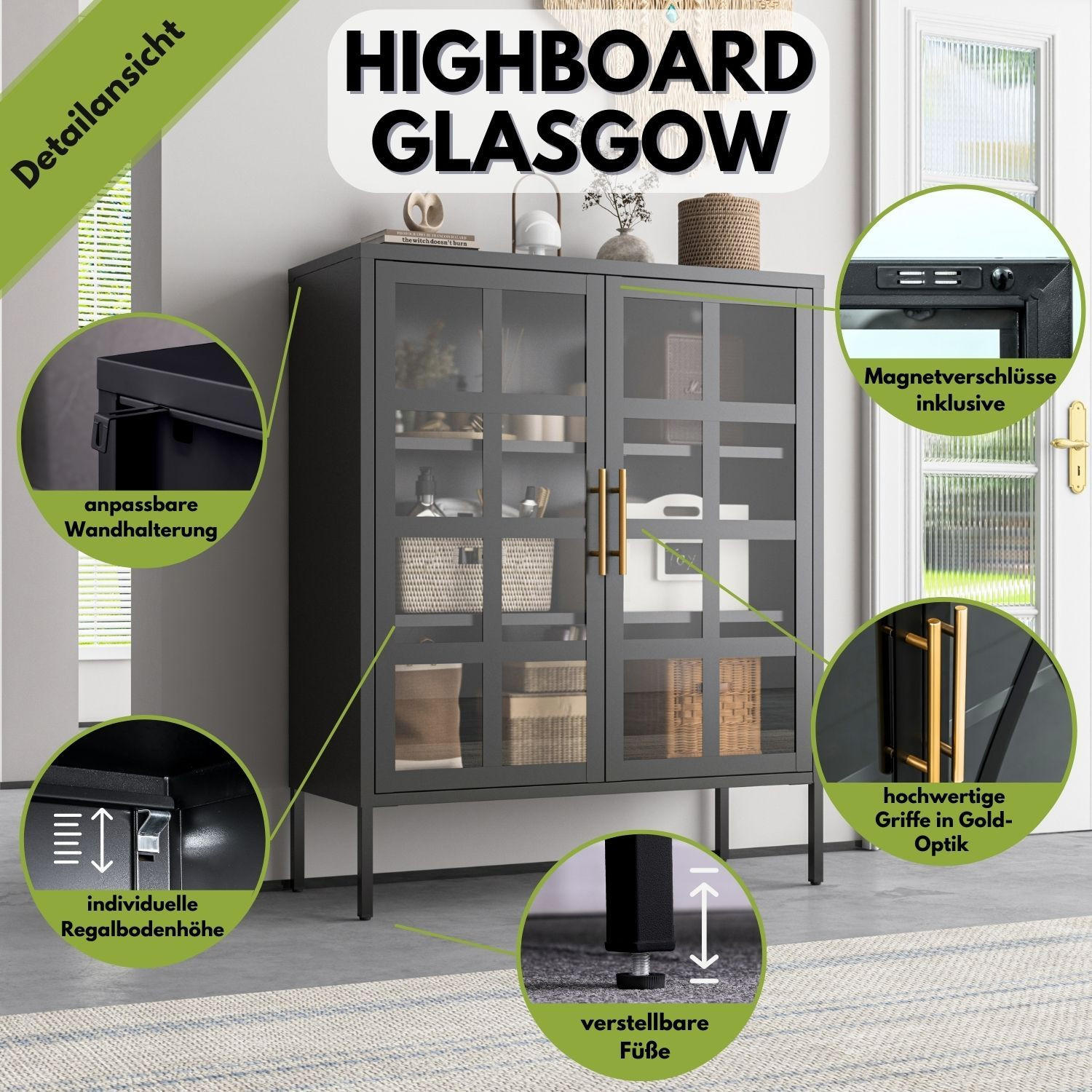 HIGHBOARD GLASGOW Metall mit Glastüren 90/35/110 cm - Schwarz, Metall (35/110/90cm) - Mein-Regal