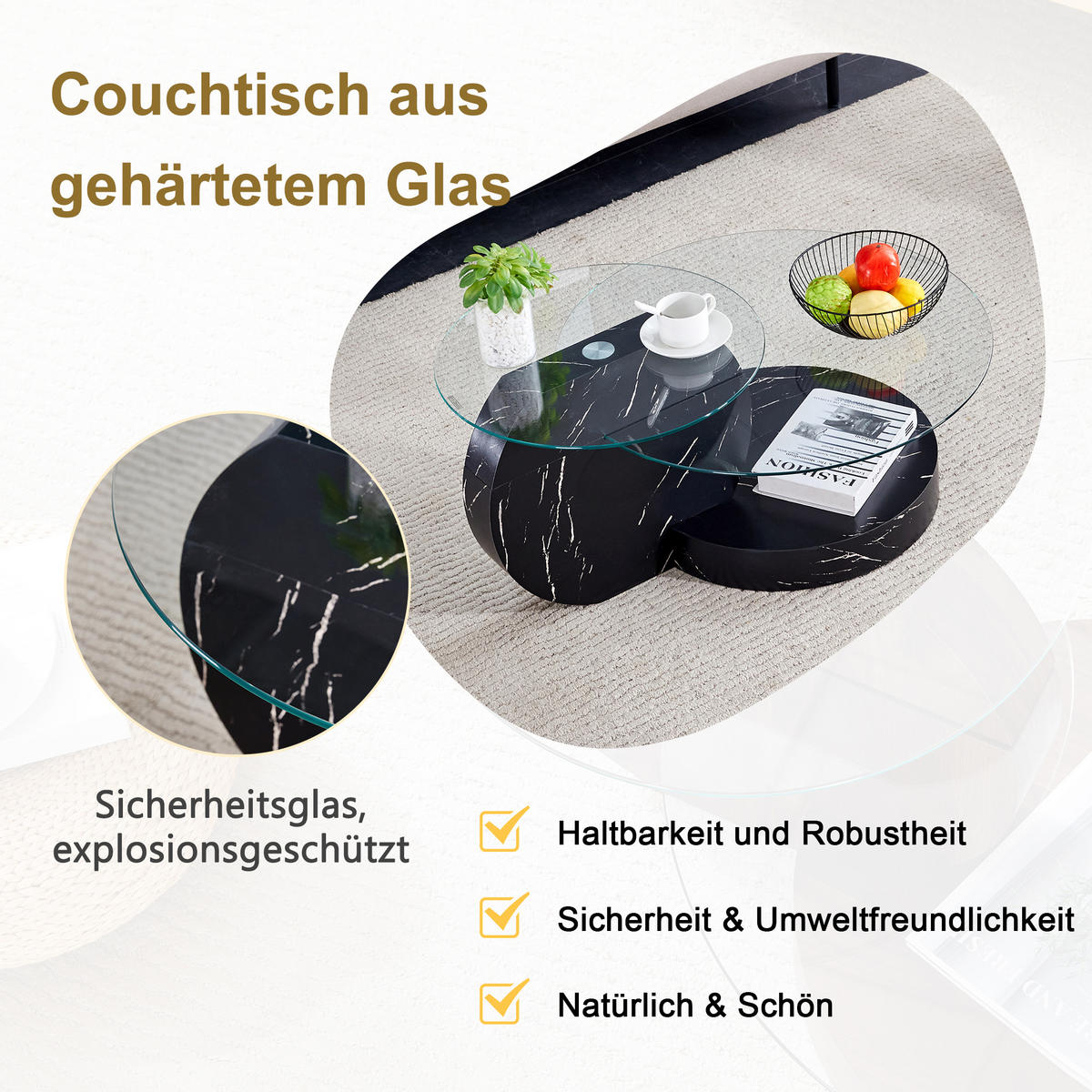 COUCHTISCH in Schwarz Wohnzimmertisch mit zwei Ebenen aus Sicherheitsglas für Wohnzimmer, B90/T70/H44 cm - Transparent/Schwarz, Glas/Holzwerkstoff (89.9/89.9/43.2cm) - STILVORA