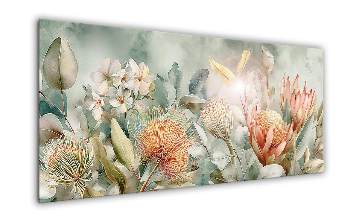 GLASBILD 125x50 cm Blumen salbei-grün - Beige, Glas (125/50cm) - artissimo