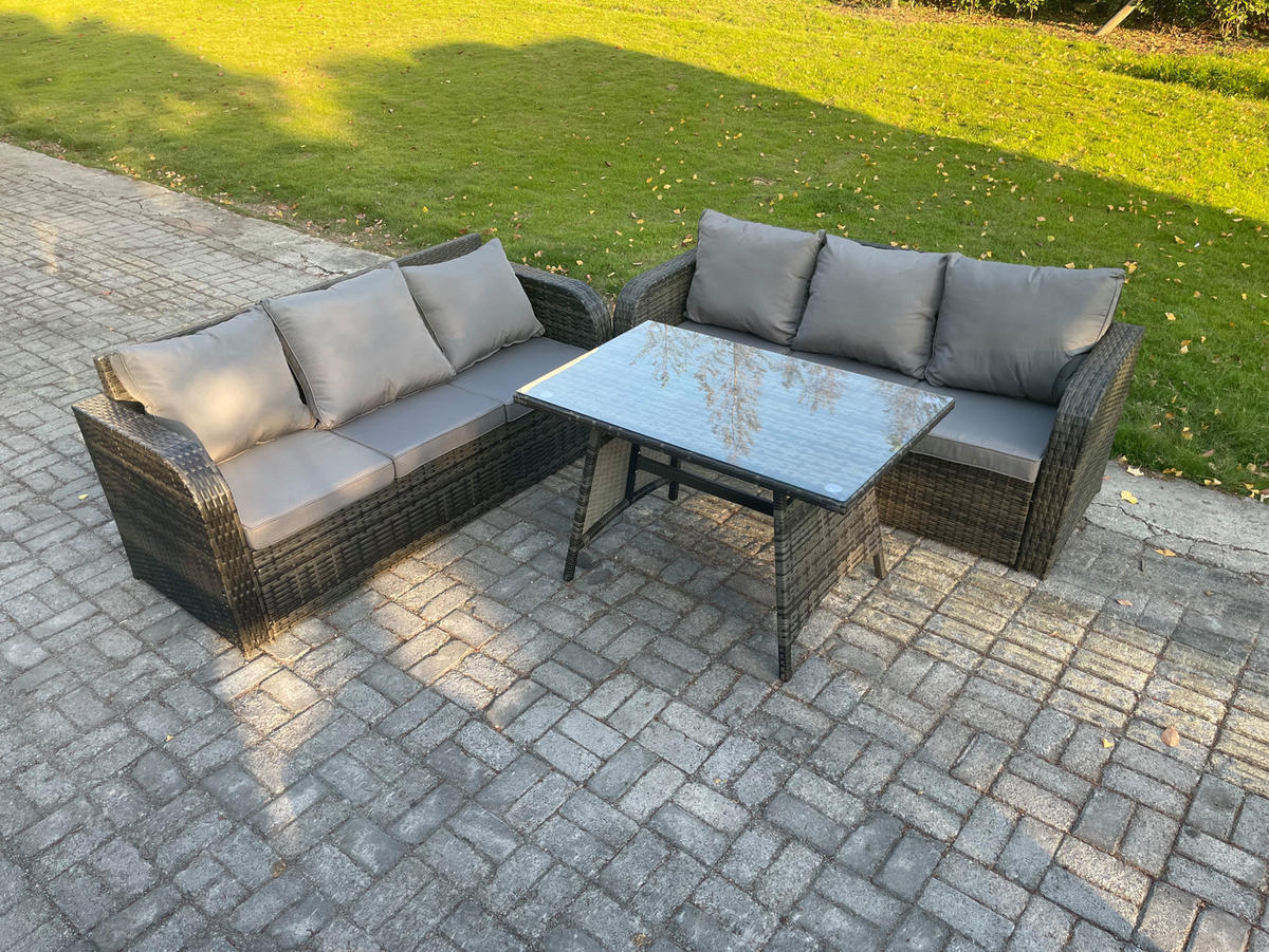 GARTENSET Hohe Rückenlehne Polyrattan 6-Sitzer - Dunkelgrau/Grau, Glas/Kunststoff - Fimous