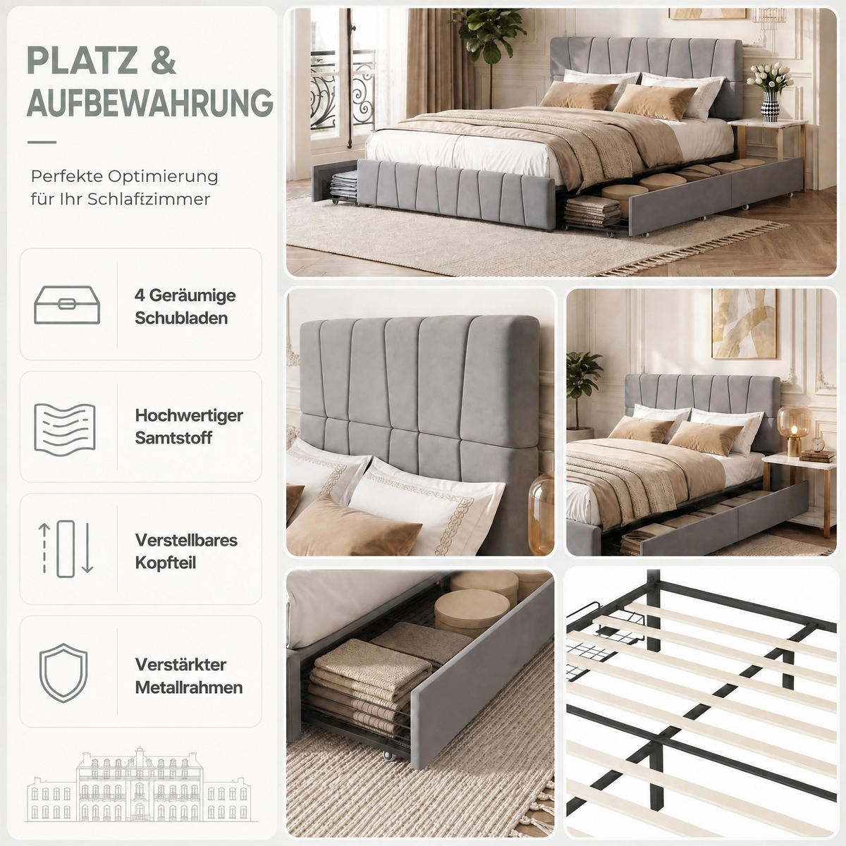 POLSTERBETT 160x200 cm mit Stauraum, Doppelbett mit 4 Schubladen, Lattenrost, grauer Samtstoff - Grau, Holz/Textil (160/200cm) - GENKI LIVING