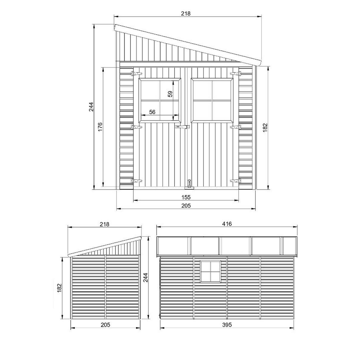 HOLZ-GARTHENHAUS (mit Seitenwand) MIT IMPRÄGNIERTEM BODEN - H244x216x416 cm/8 m2 -IMBELA M340A+M340G - Beige, Holz (218/250/395cm) - Timbela