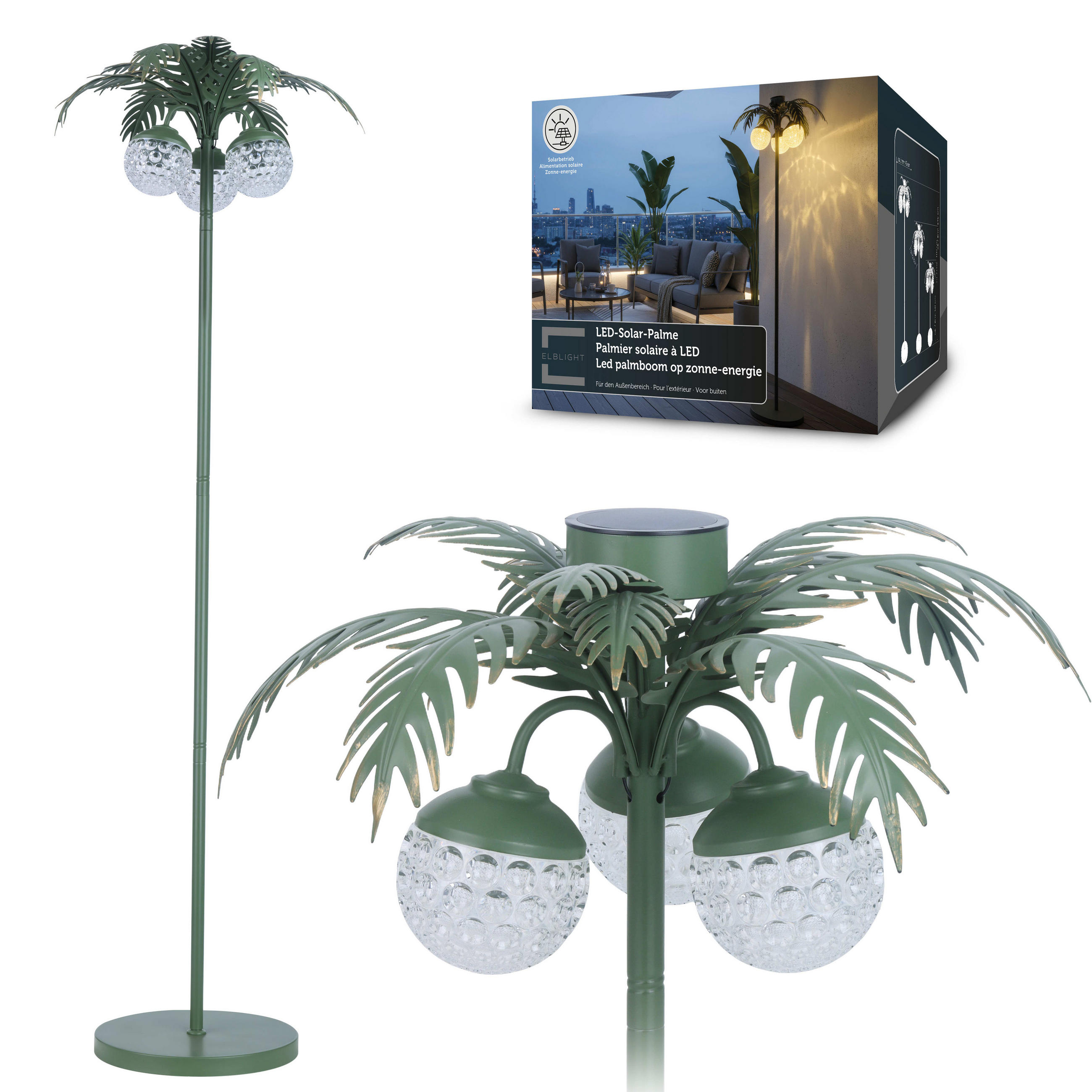 LED-SOLAR-PALME Stehleuchte grün 146 cm Metall - Dunkelgrün, Leder (45/45/146cm) - Elblight.de