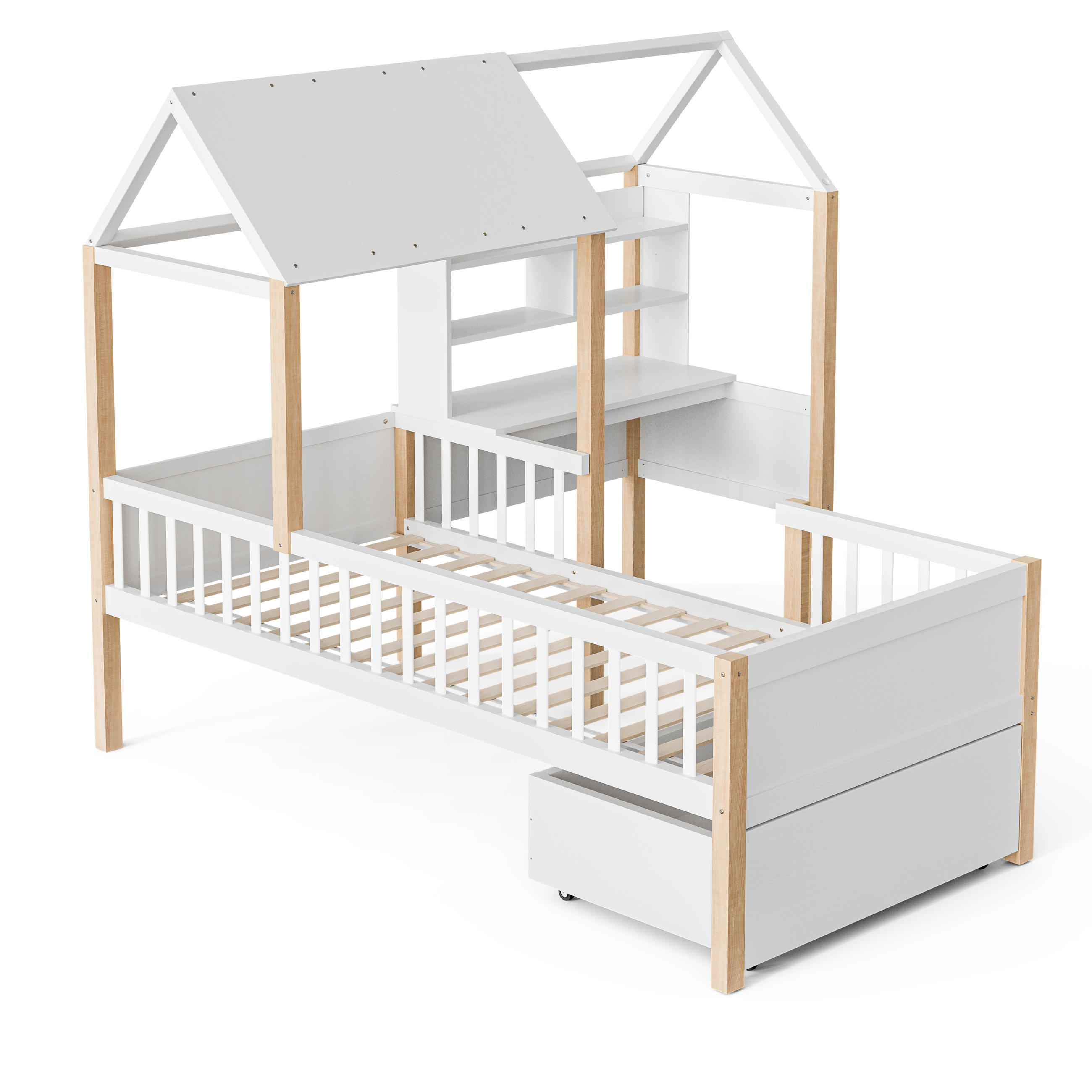 KINDERBETT 90x200cm Weiß-Hellbraun Massivholz mit L-förmigem Schreibtisch, Bücherregal, Rollschubladen und Rausfallschutz - Weiß, Textil (90/200cm) - Luhomfu