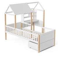 KINDERBETT 90x200cm Weiß-Hellbraun Massivholz mit L-förmigem Schreibtisch, Bücherregal, Rollschubladen und Rausfallschutz - Weiß, Textil (90/200cm) - Luhomfu