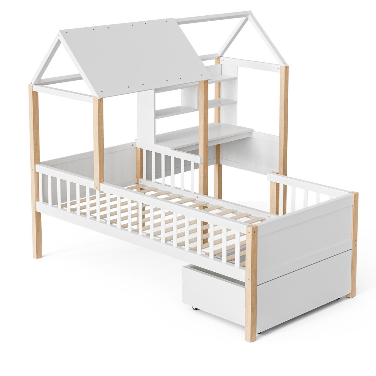 HAUSBETT 90/200 cm weiß mit Rausfallschutz und L-förmigem Schreibtisch - Weiß, Holz (90/200cm) - OKWISH